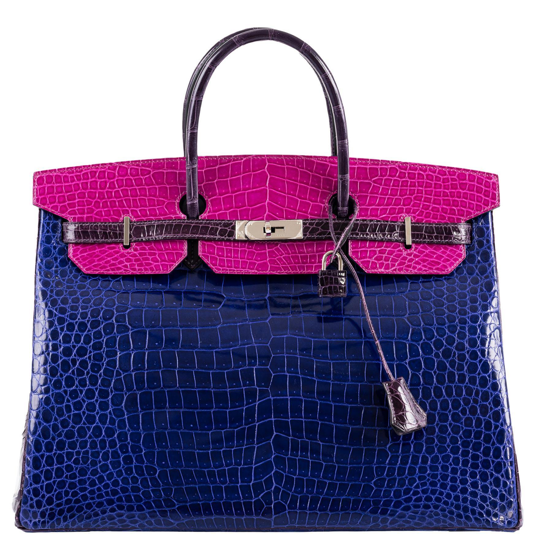 Hermès Birkin 40 HSS Bleu Electrique, Rose Scheherazade &amp; Cassis Shiny Porosus Crocodile Palladium Hardware