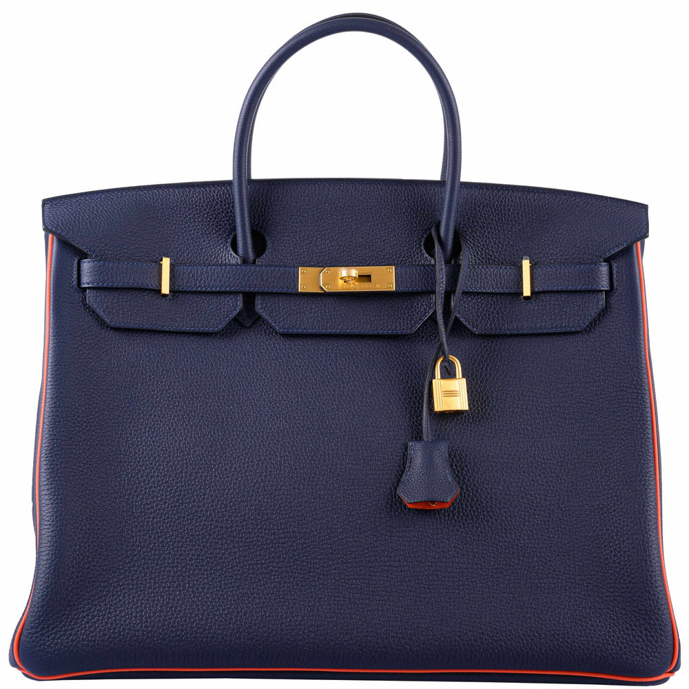 Hermès Birkin 40 HSS Bleu Nuit Togo and Orange Poppy Chèvre Brushed Gold Hardware