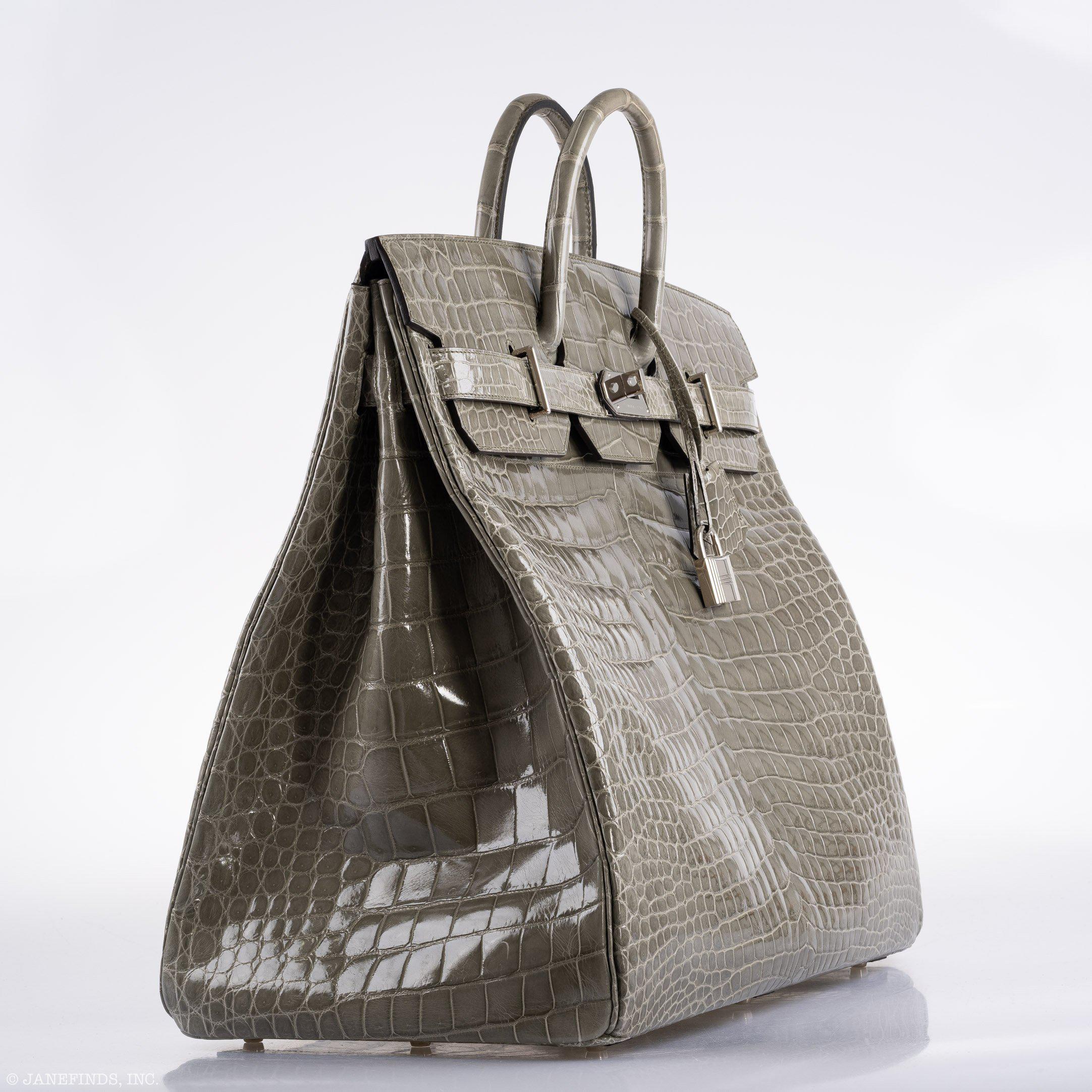 Hermès Birkin 50 HAC Gris Tourterelle Shiny Porosus Crocodile Palladium Hardware