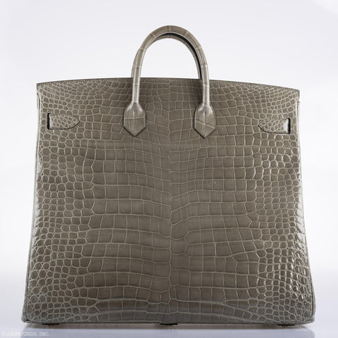 Hermès Birkin 50 HAC Gris Tourterelle Shiny Porosus Crocodile Palladium Hardware