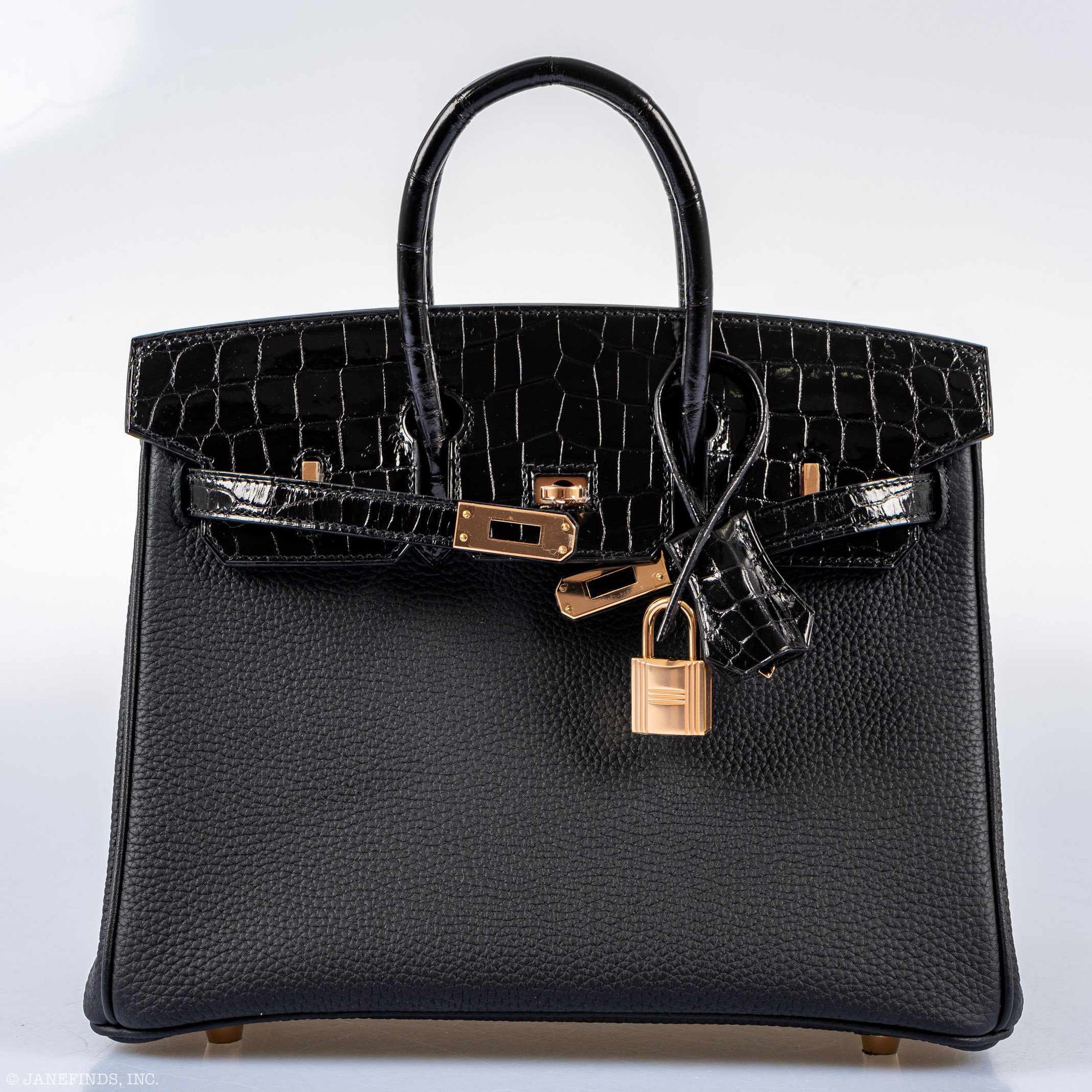 Hermès Birkin Touch 25 Black Togo & Niloticus Crocodile Rose Gold Hardware