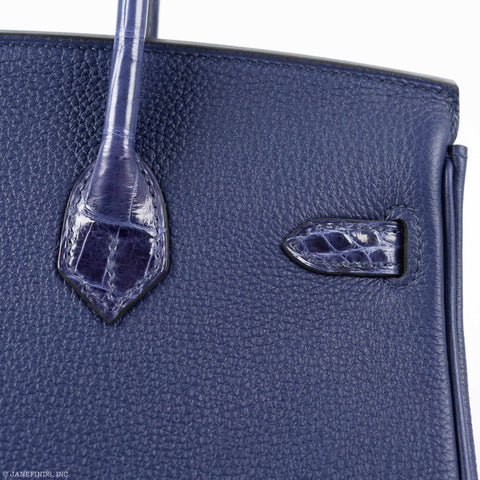 Hermès Birkin Touch 25 Blue Encre Togo & Niloticus Crocodile Palladium Hardware