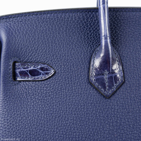 Hermès Birkin Touch 25 Blue Encre Togo & Niloticus Crocodile Palladium Hardware