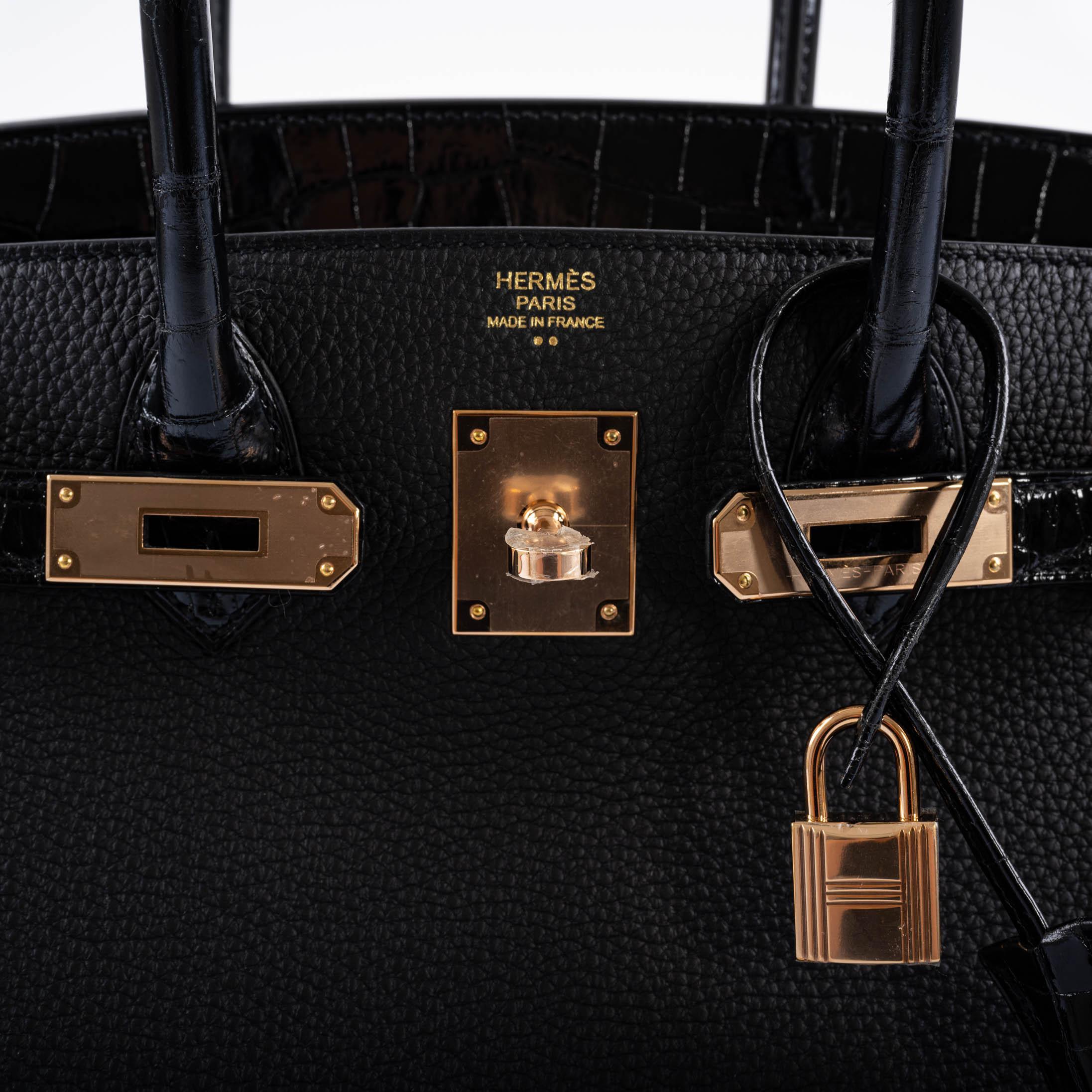 Hermès Birkin Touch 30 Black Novillo & Niloticus Crocodile Rose Gold Hardware