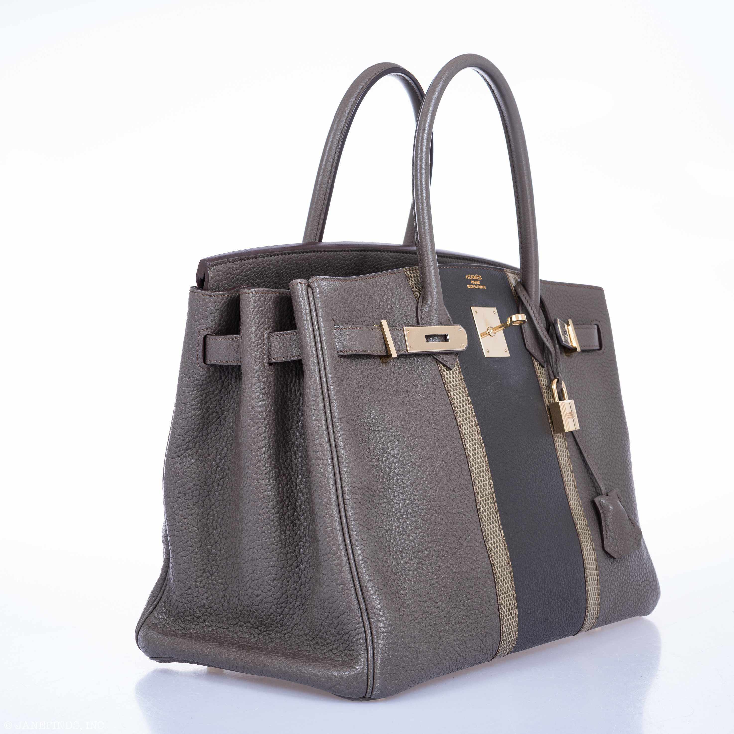 Hermès Club Birkin 35 Tri-Color Etain & Graphite Clemence, Gris Fonce Lizard Permabrass Hardware