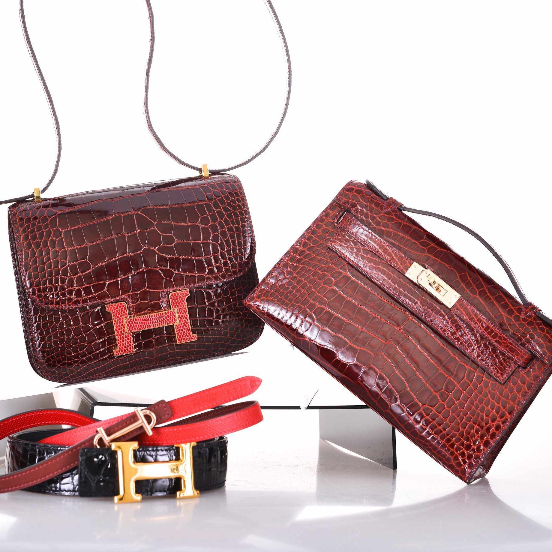 Hermès Constance 18 Bourgogne Shiny Alligator & Pink Lizard Gold Hardware