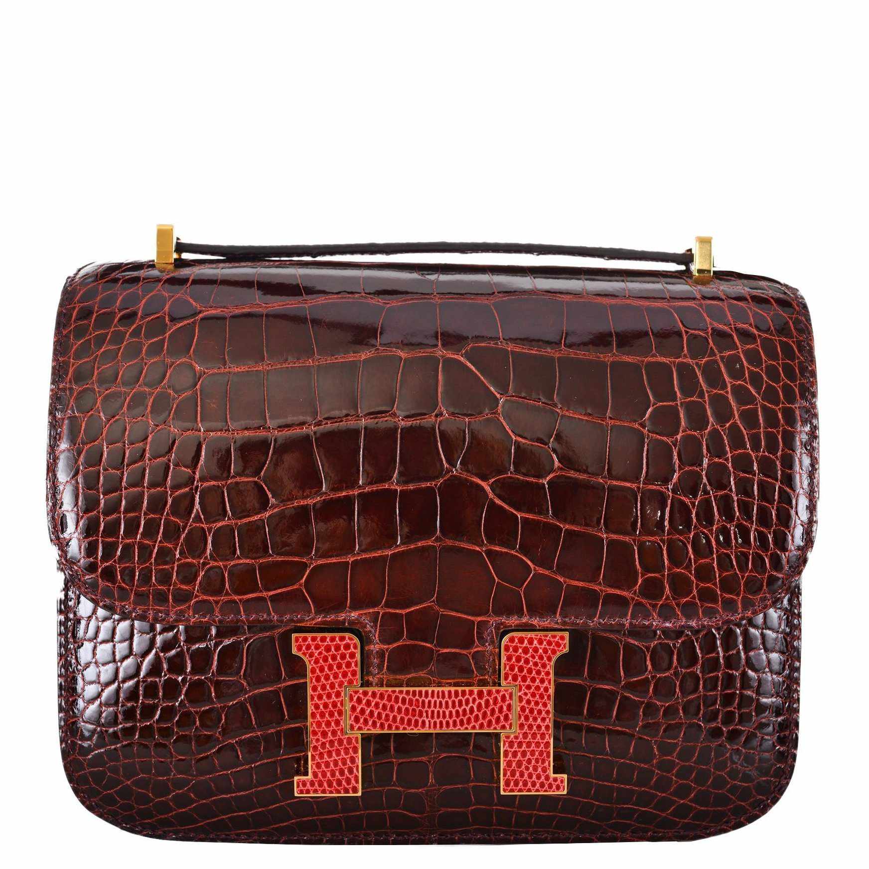 Hermès Constance 18 Bourgogne Shiny Alligator & Pink Lizard Gold Hardware