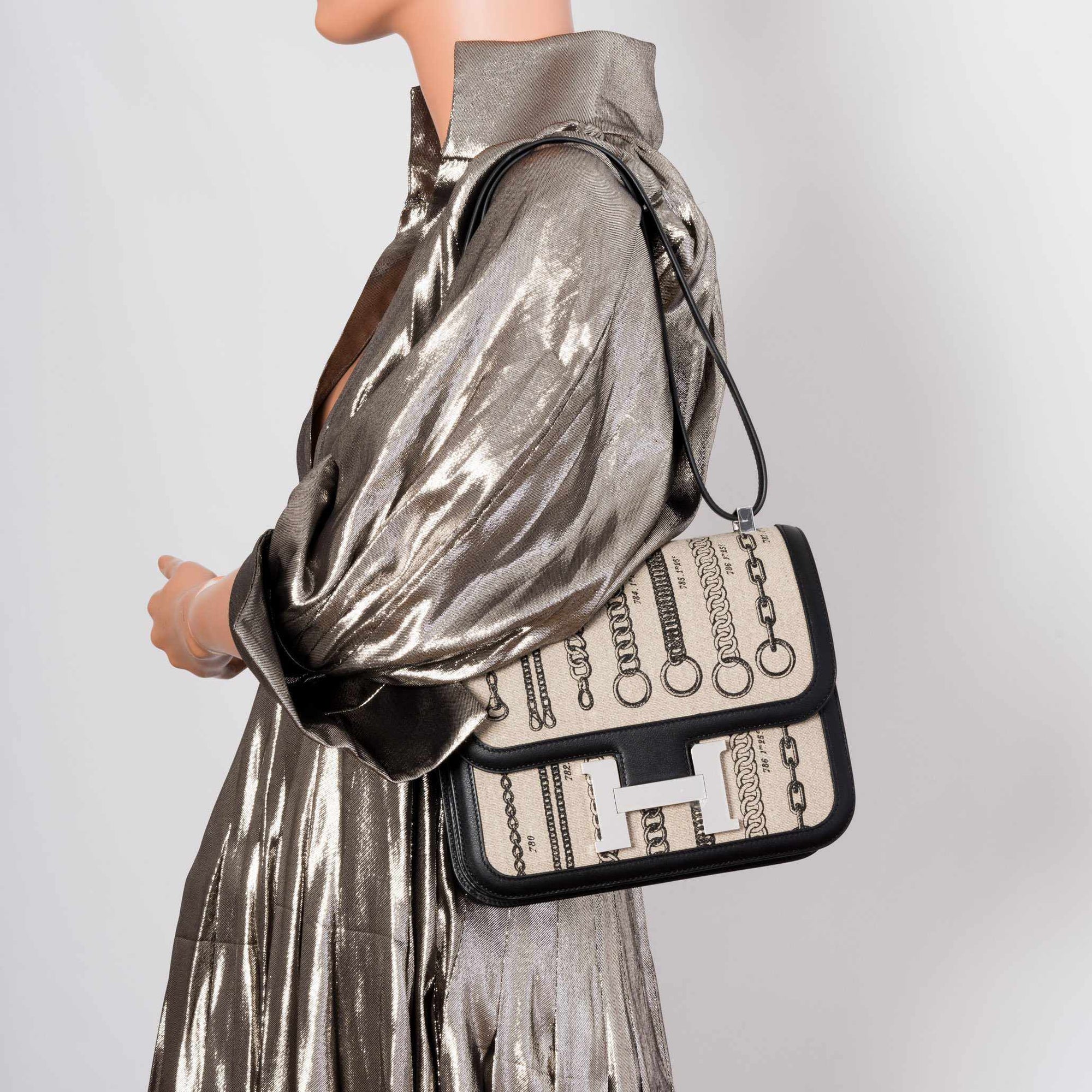 Hermès Constance 24 De Camp Déchaînée Ficelle Toile/Noir Swift Palladium Hardware