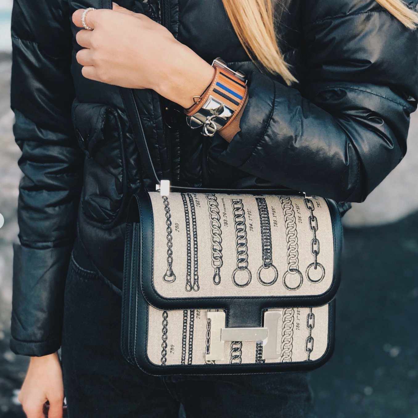 Hermès Constance 24 De Camp Déchaînée Ficelle Toile/Noir Swift Palladium Hardware