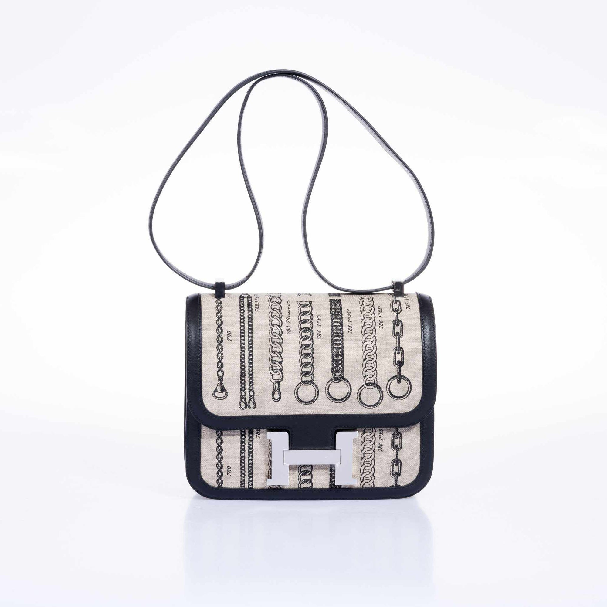 Hermès Constance 24 De Camp Déchaînée Ficelle Toile/Noir Swift Palladium Hardware