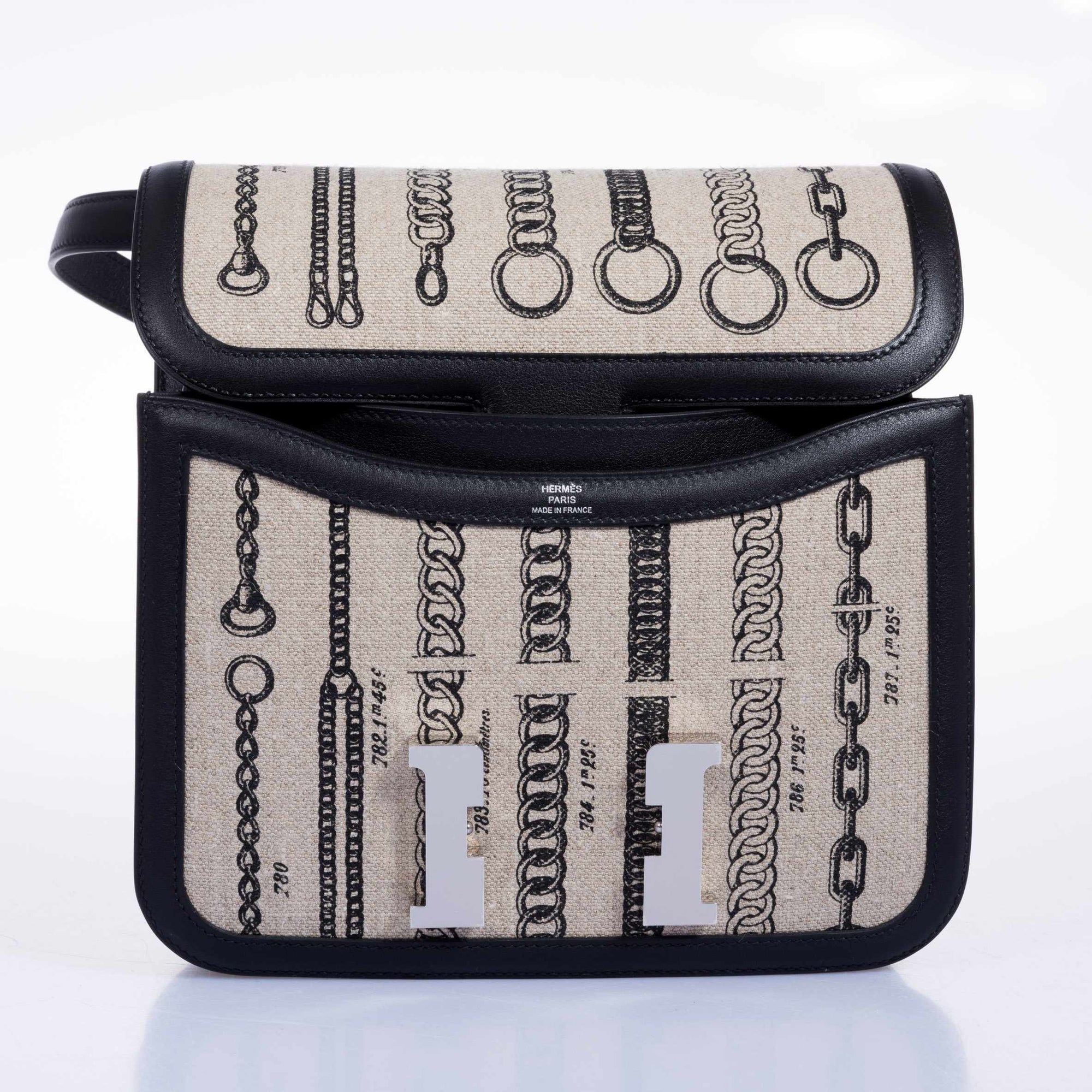 Hermès Constance 24 De Camp Déchaînée Ficelle Toile/Noir Swift Palladium Hardware