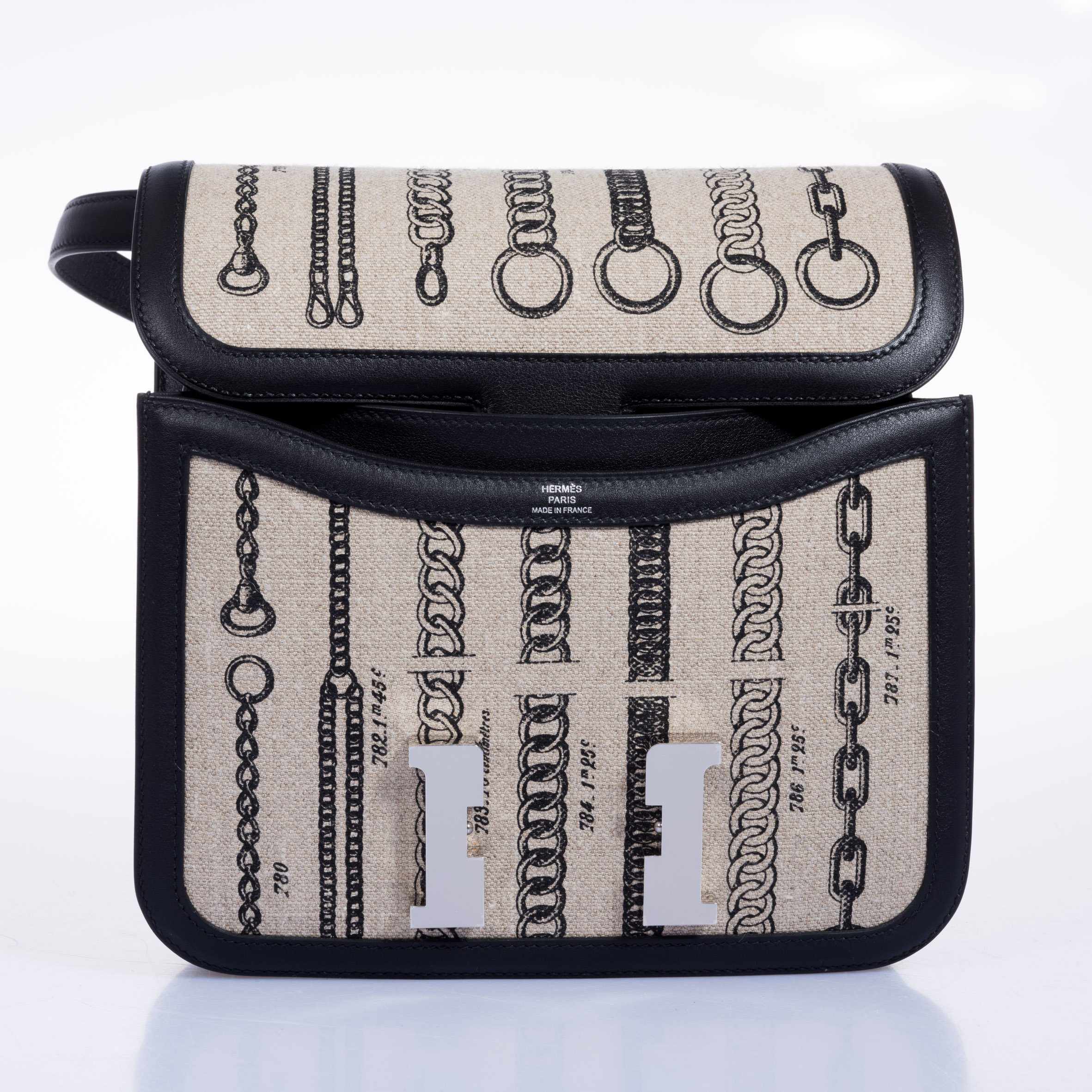 Hermès Constance 24 De Camp Déchaînée Ficelle Toile/Noir Swift Palladium Hardware