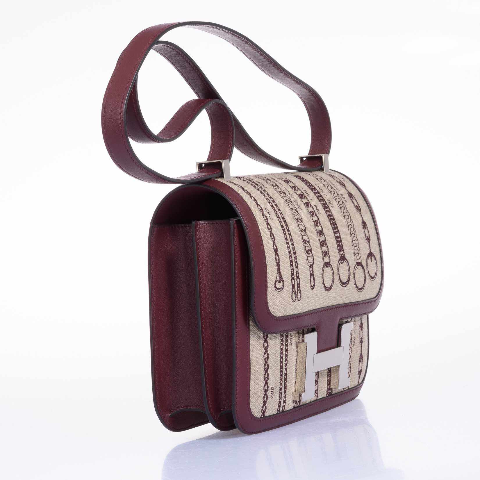 Hermès Constance 24 De Camp Déchaînée Toile Ficelle/Bordeaux Palladium Hardware