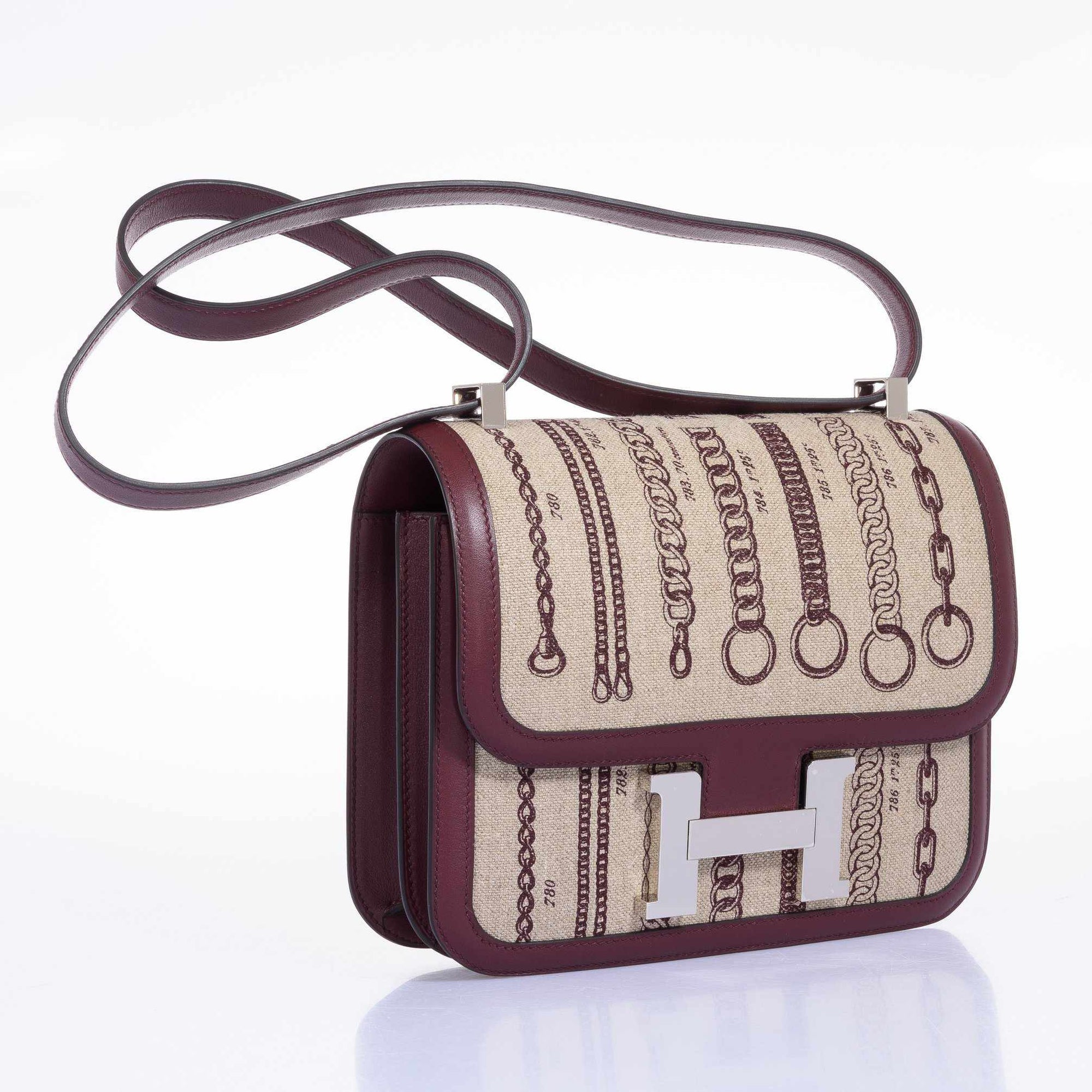 Hermès Constance 24 De Camp Déchaînée Toile Ficelle/Bordeaux Palladium Hardware
