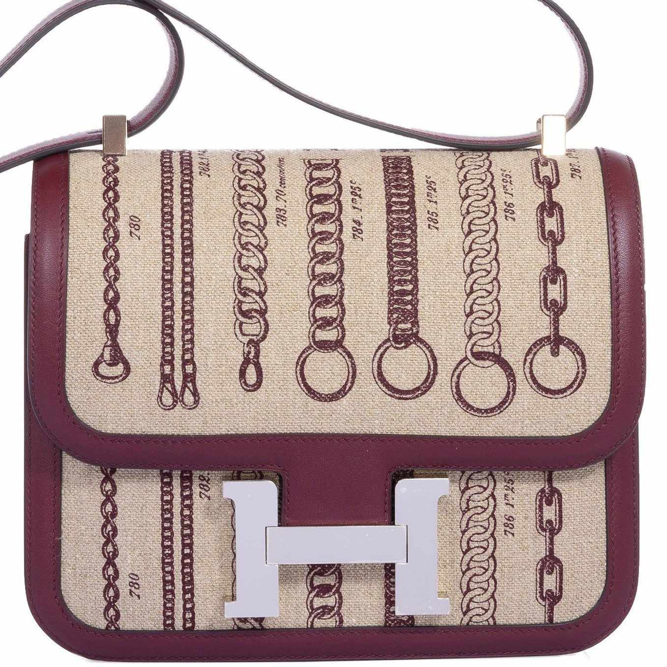 Hermès Constance 24 De Camp Déchaînée Toile Ficelle/Bordeaux Palladium Hardware