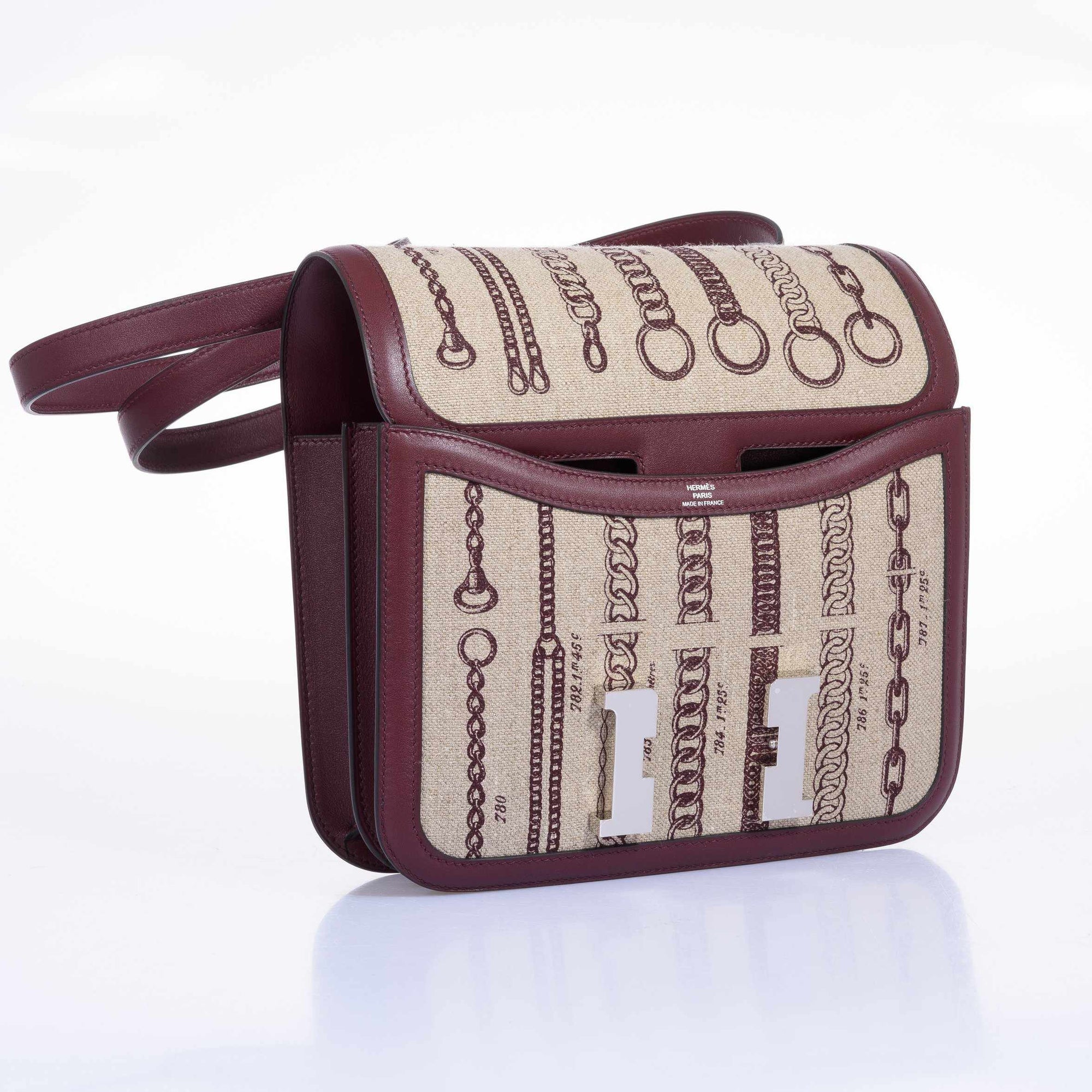 Hermès Constance 24 De Camp Déchaînée Toile Ficelle/Bordeaux Palladium Hardware