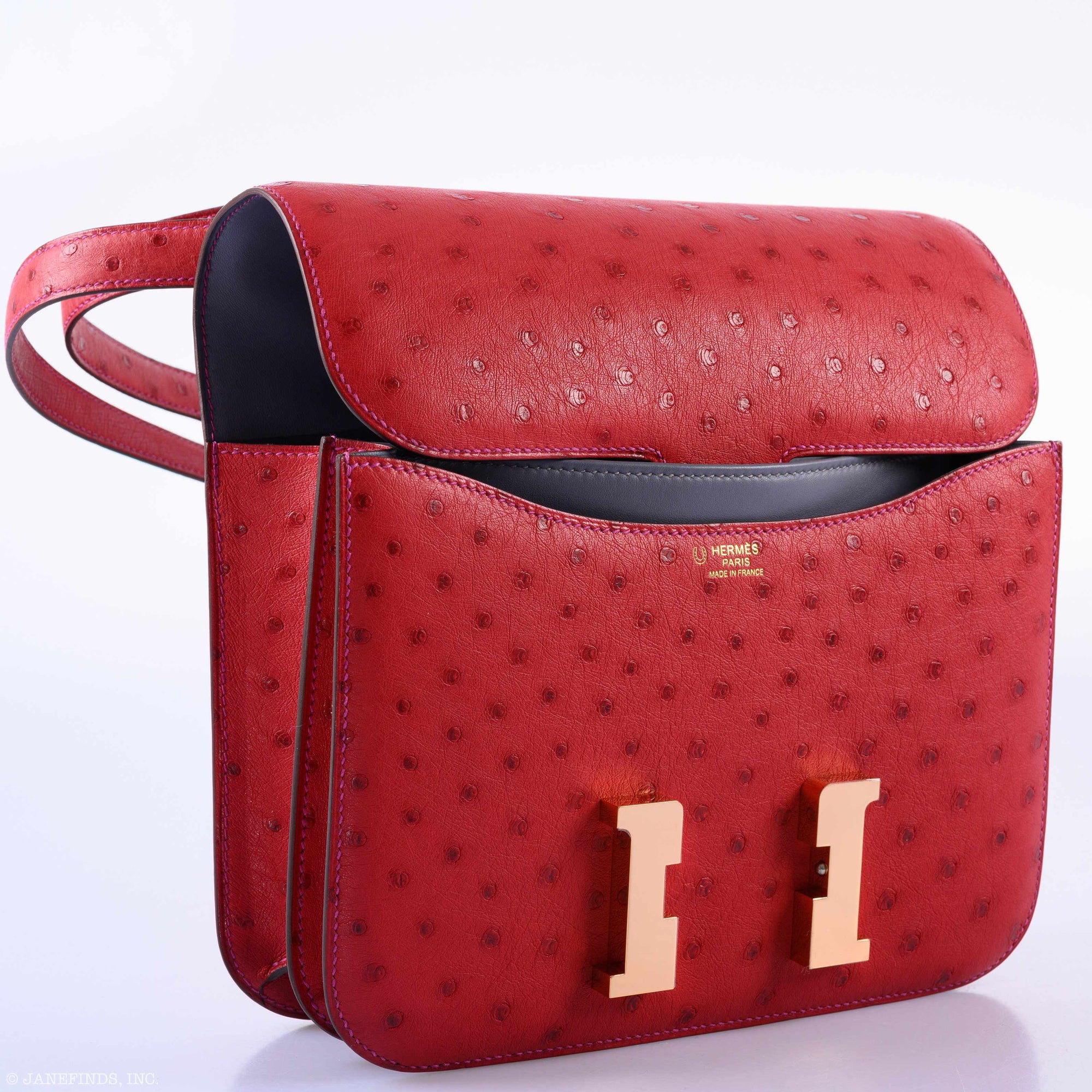Hermès Constance 24 HSS Rouge Vif Ostrich & Gris Agate Rose Gold Hardware