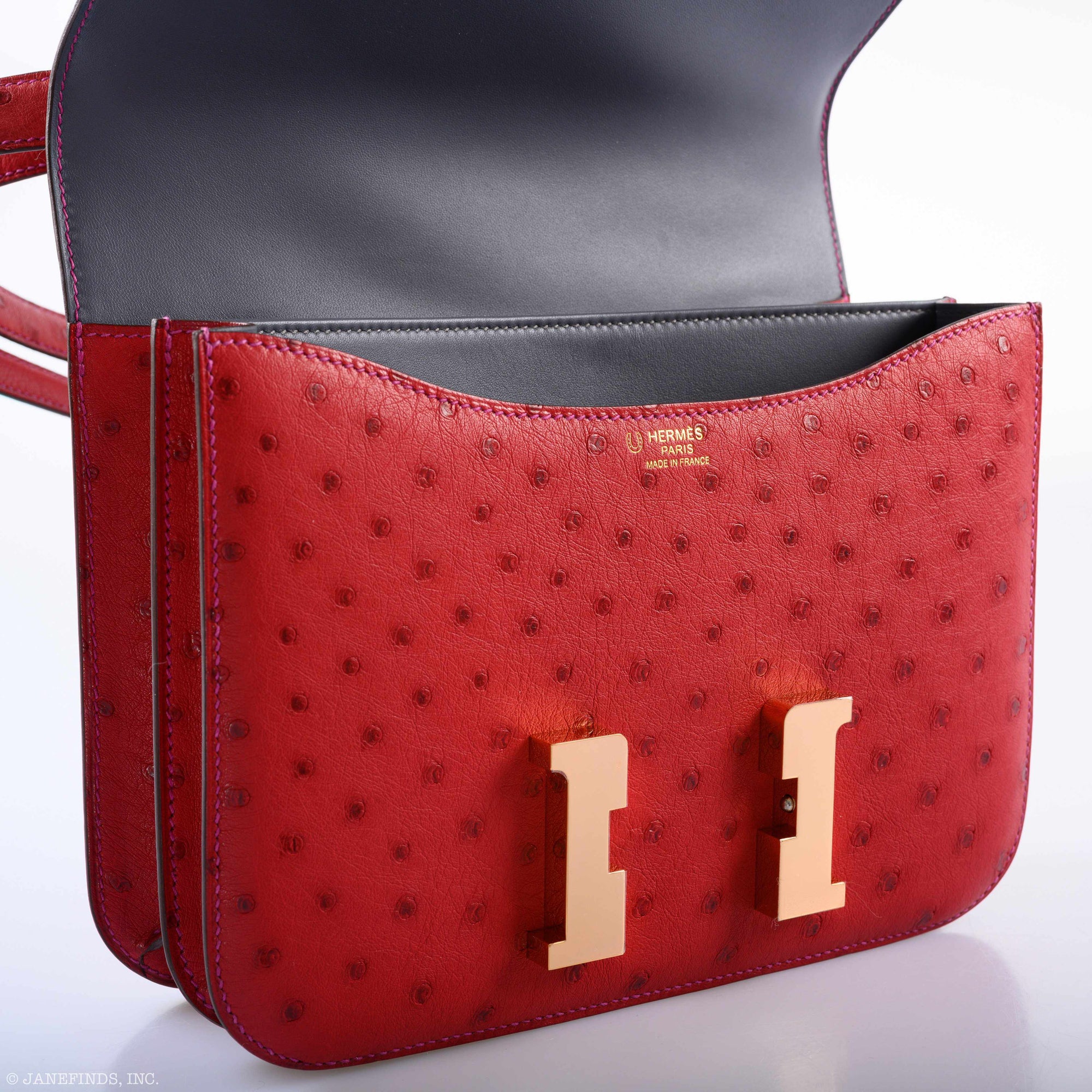 Hermès Constance 24 HSS Rouge Vif Ostrich & Gris Agate Rose Gold Hardware