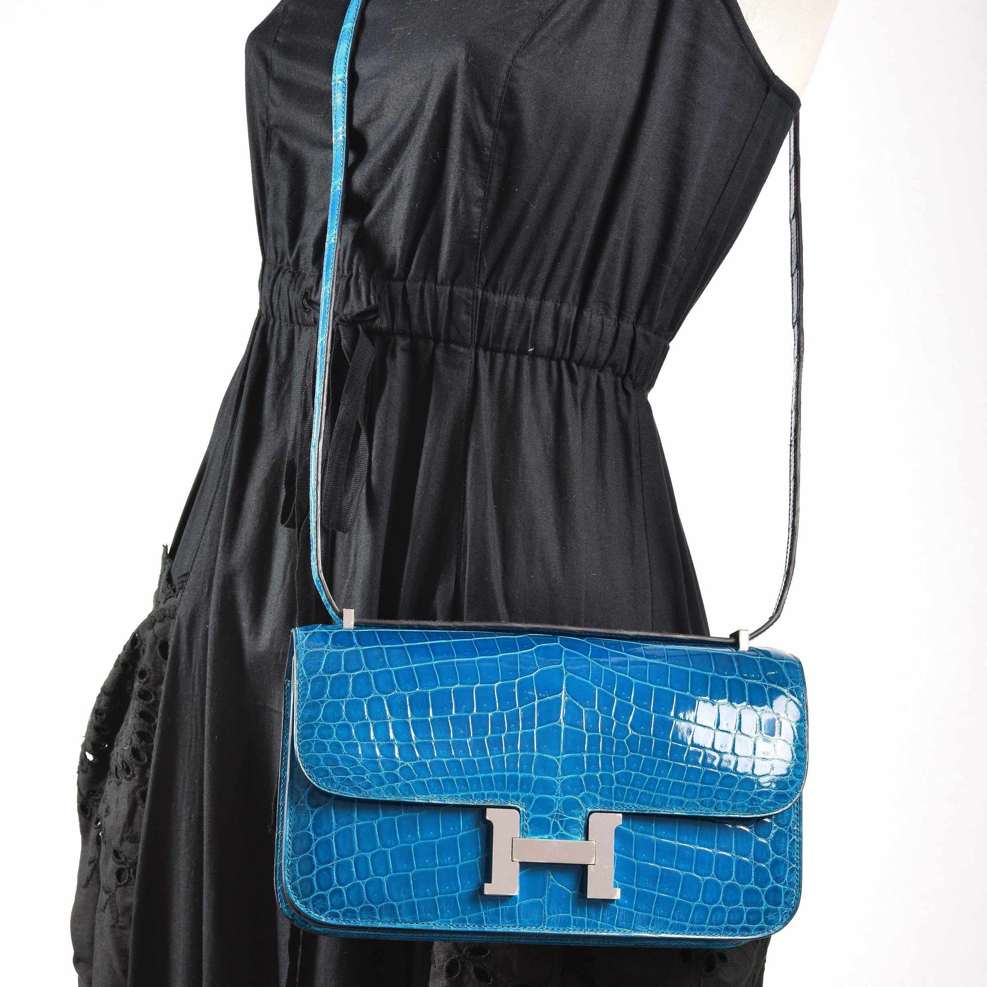Hermès Constance Elan Bleu Izmir Shiny Niloticus Crocodile Palladium Hardware