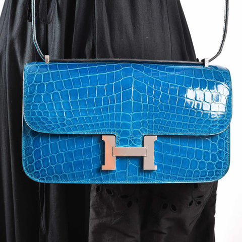 Hermès Constance Elan Blue Izmir Shiny Nilo Crocodile Palladium Hardware