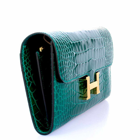 Hermès Constance Long Wallet Polished Emerald Alligator Gold Plated 'H' Closure