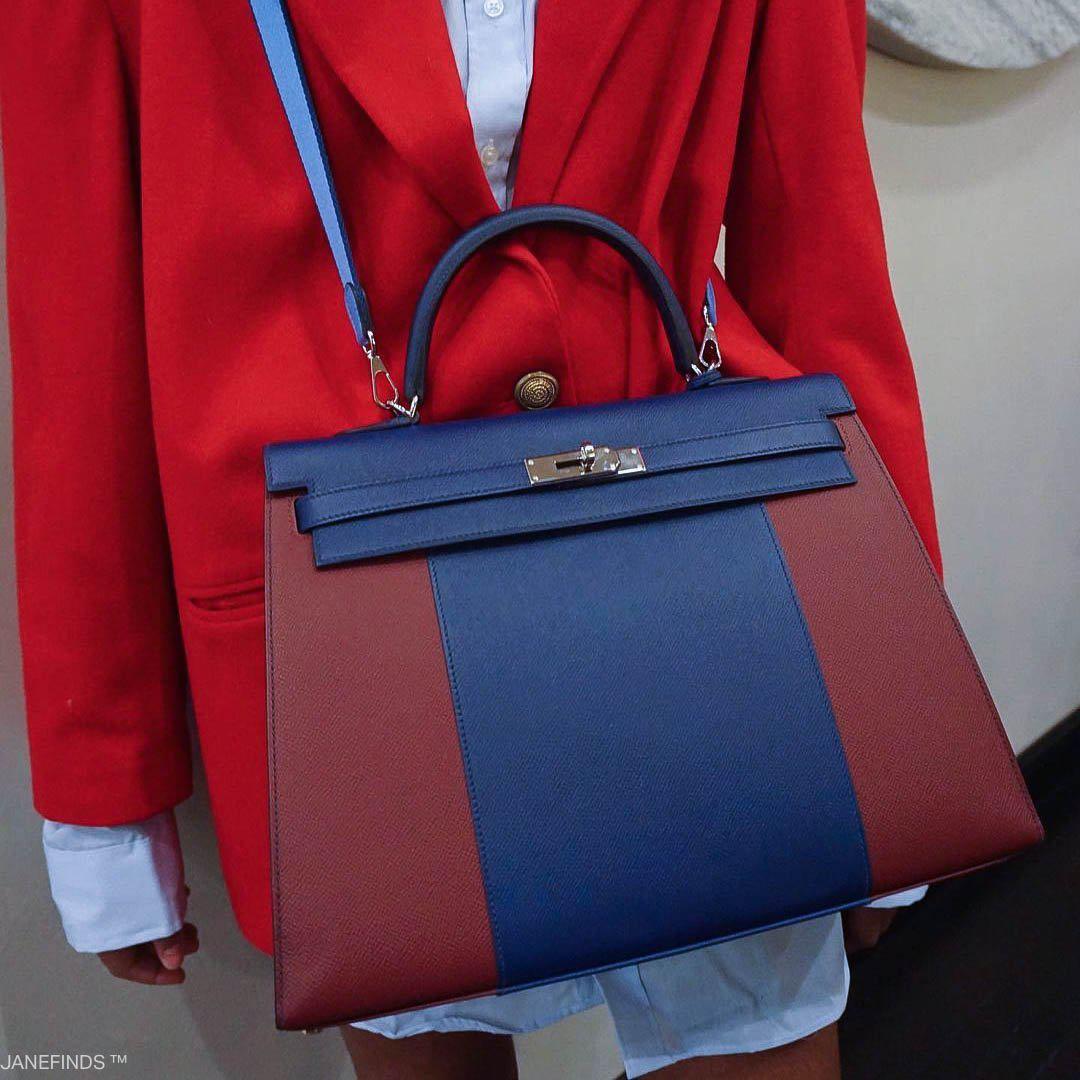 Hermès Flag Kelly 35 Sellier Blue Saphir & Rouge H Epsom Palladium Hardware - 2014, R Square