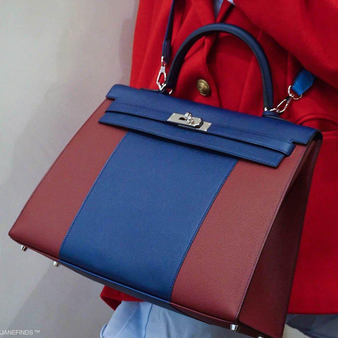 Hermès Flag Kelly 35 Sellier Blue Saphir & Rouge H Epsom Palladium Hardware - 2014, R Square