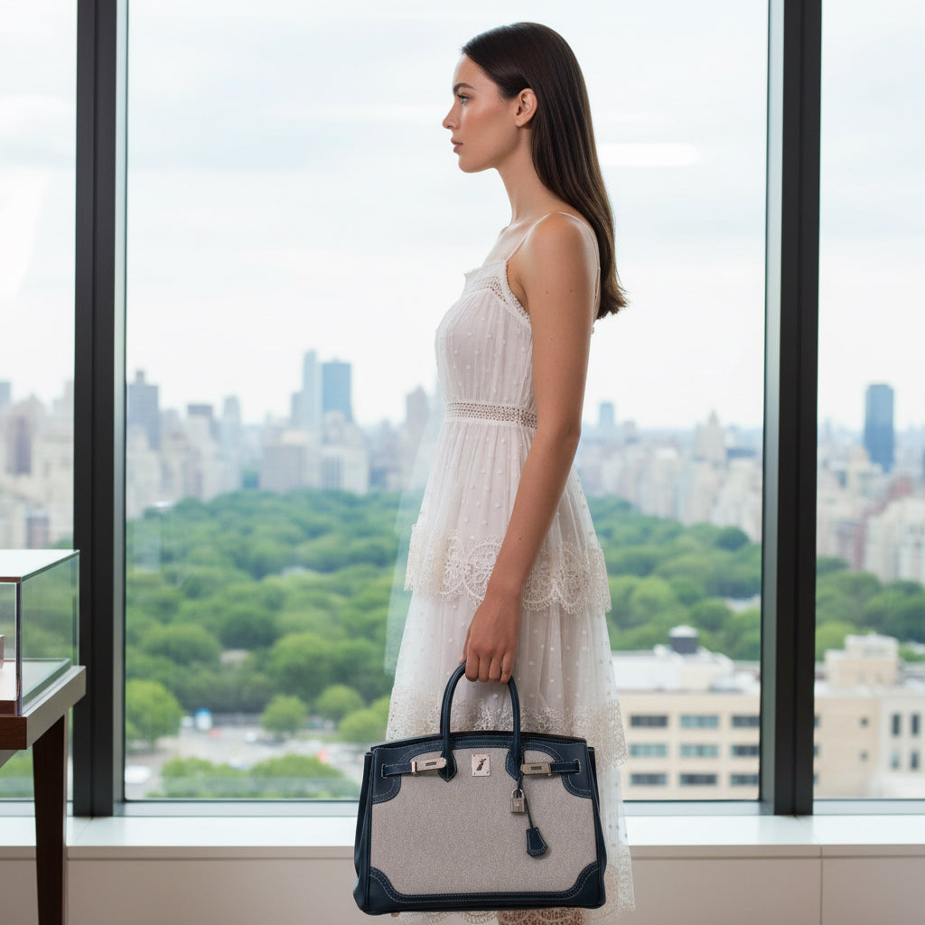 Hermès Ghillies Birkin 35 Blue de Prusse Swift & Toile with Palladium Hardware