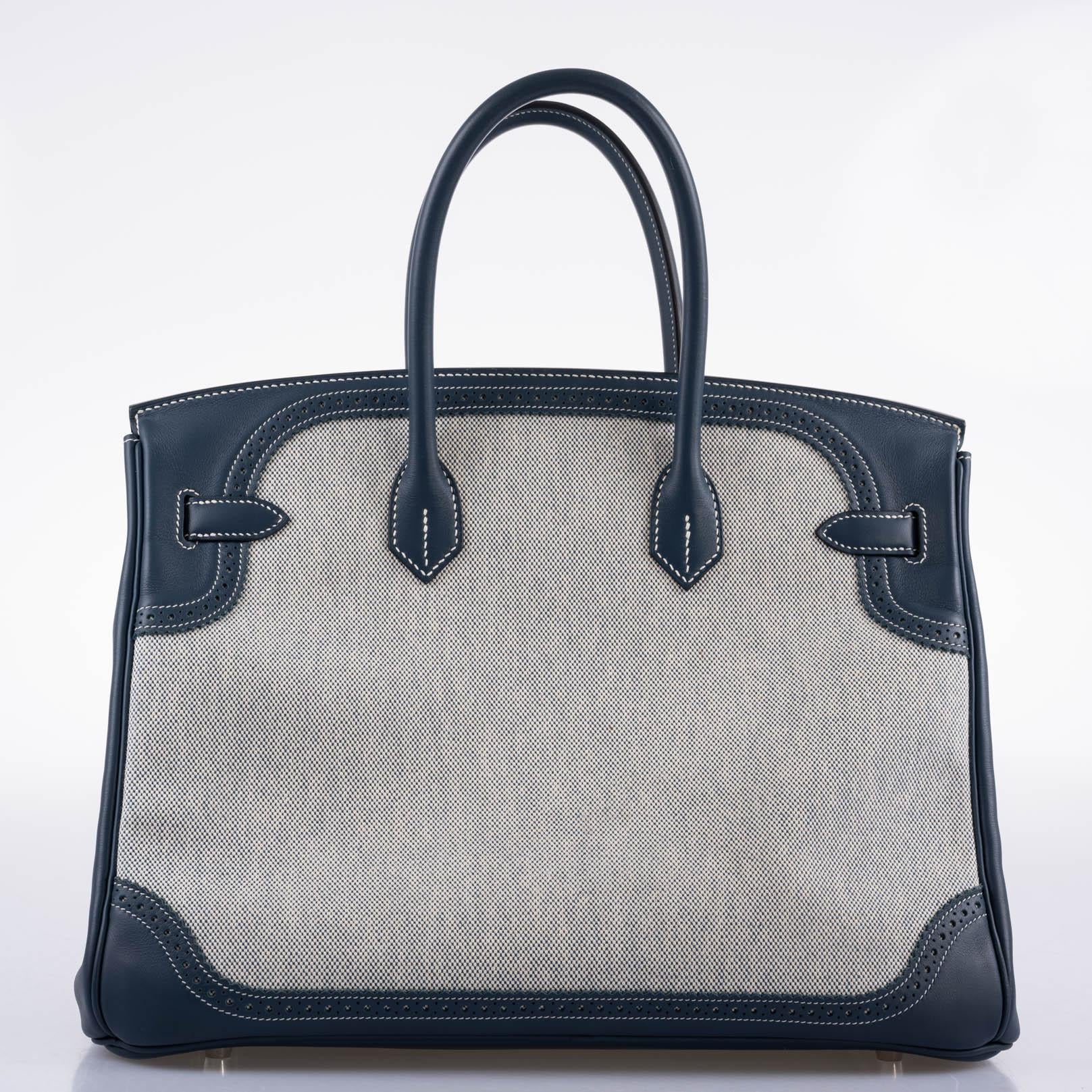 Hermès Ghillies Birkin 35 Blue de Prusse Swift & Toile with Palladium Hardware - 2014, R Square