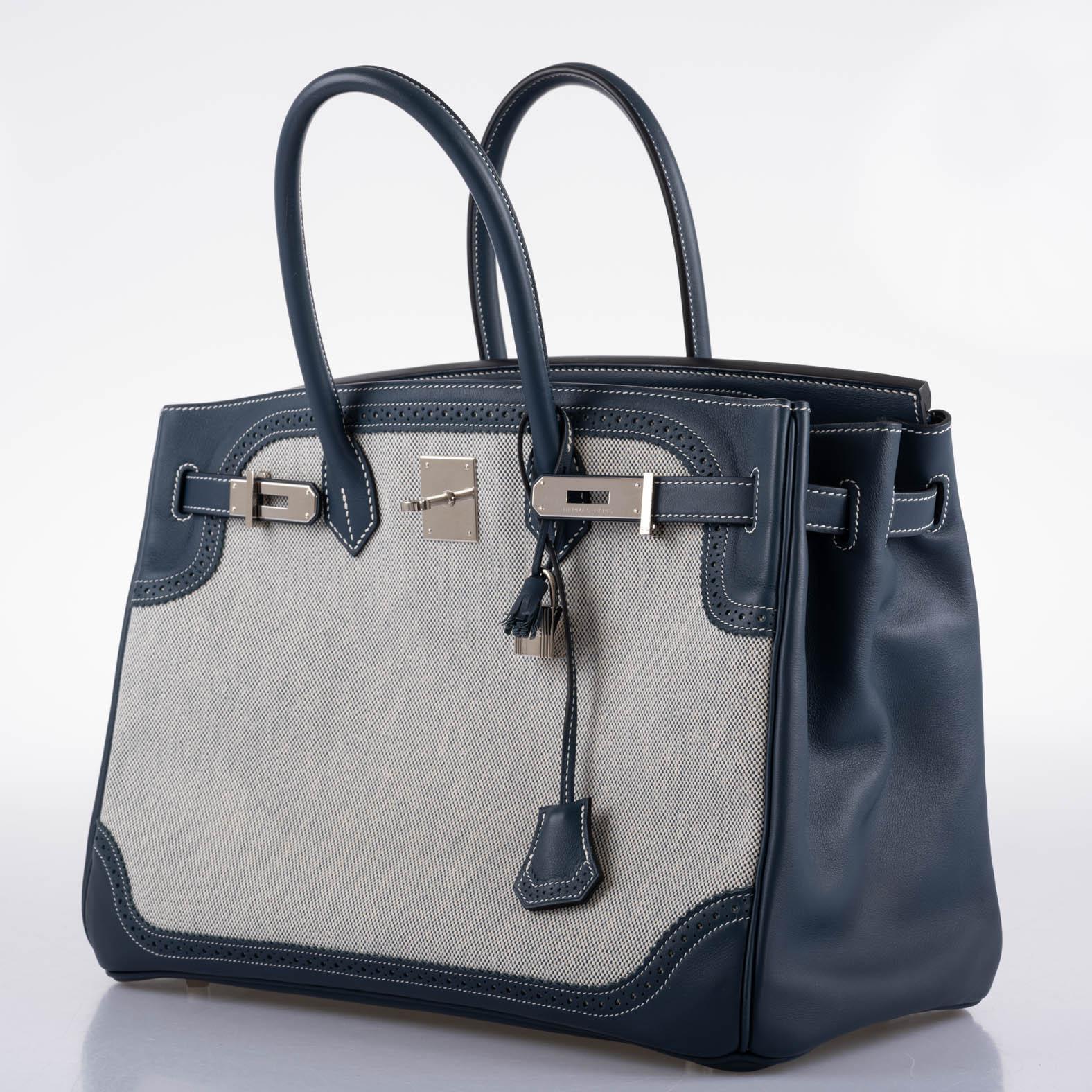 Hermès Ghillies Birkin 35 Blue de Prusse Swift & Toile with Palladium Hardware