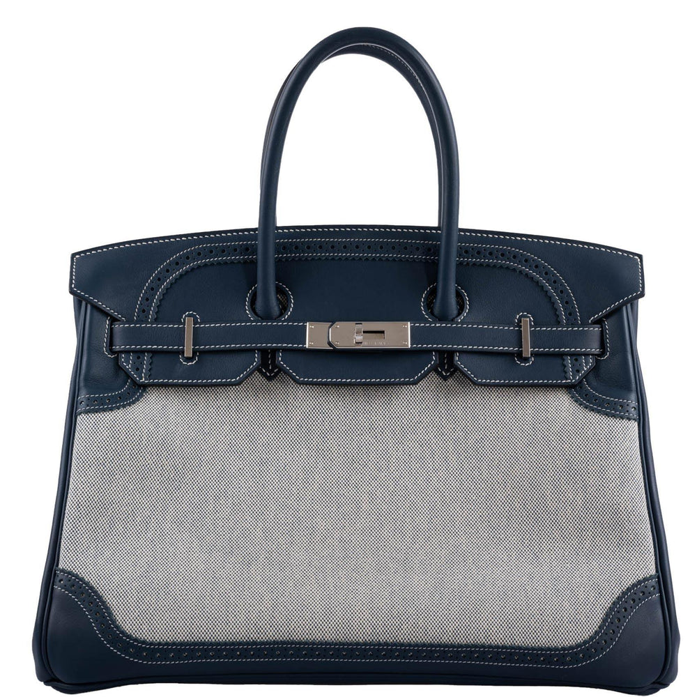 Hermès Ghillies Birkin 35 Blue de Prusse Swift & Toile with Palladium Hardware
