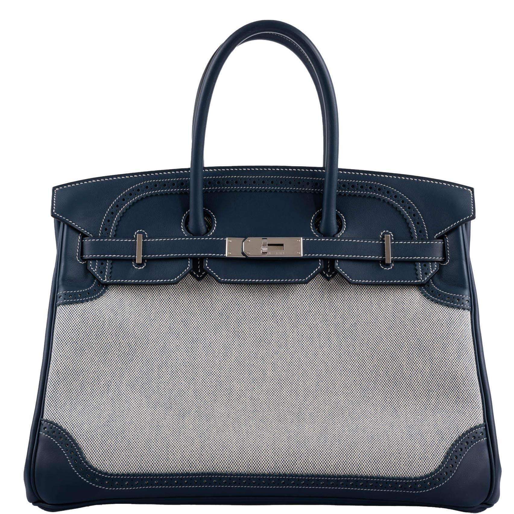 Hermès Ghillies Birkin 35 Blue de Prusse Swift & Toile with Palladium Hardware