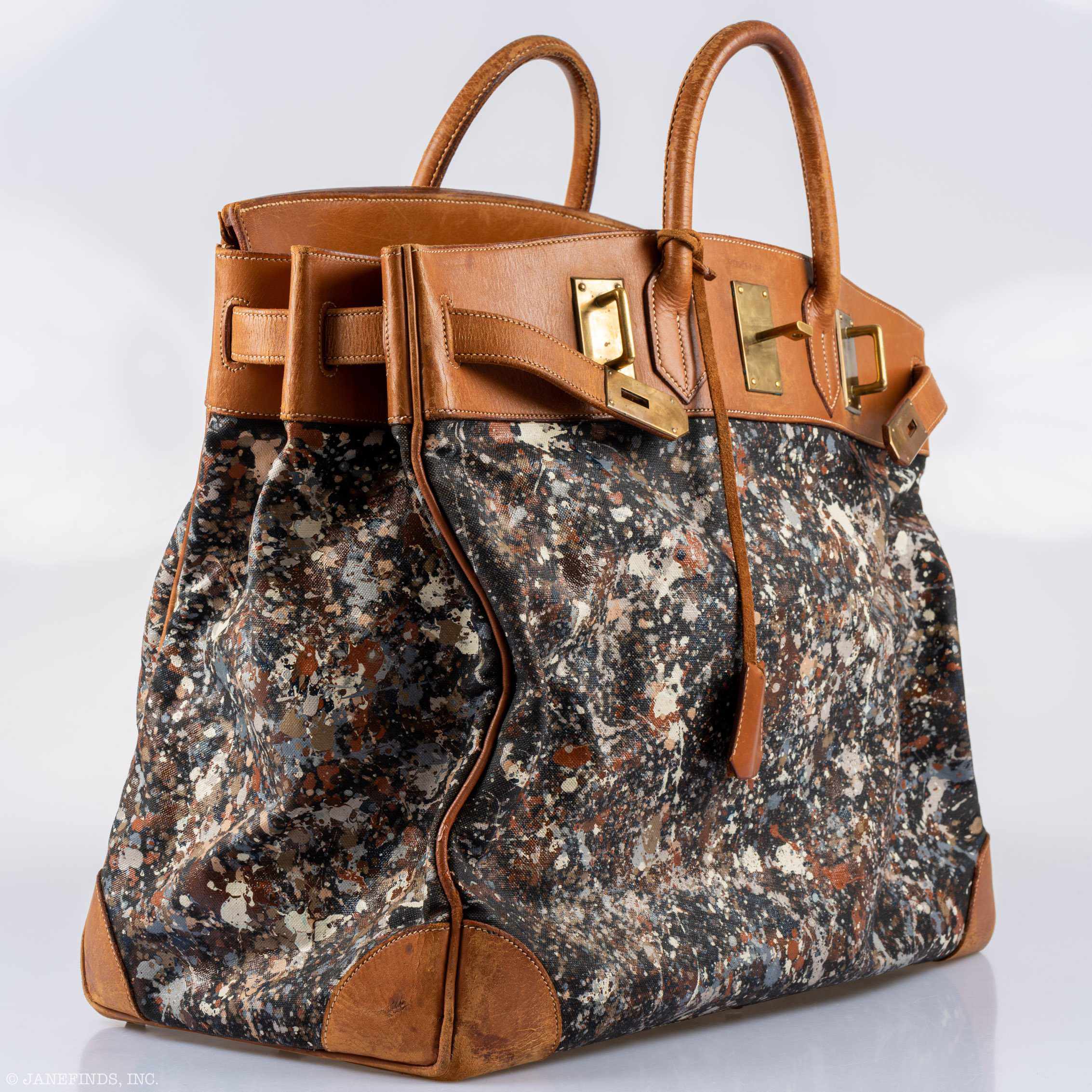 Hermès HAC 50 Toile &amp; Barenia “Jackson Pollock Splatter” Custom Gold Hardware