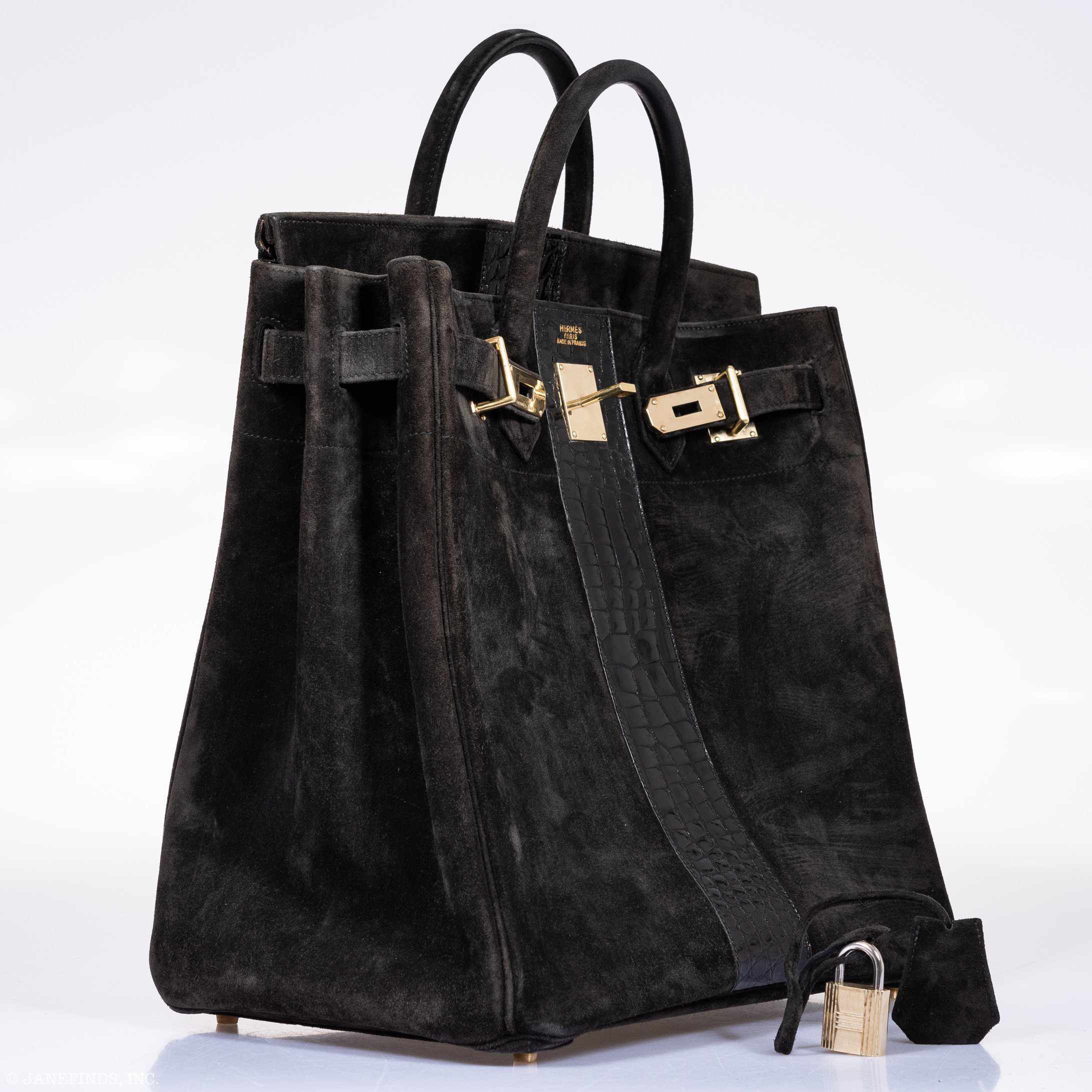 Hermès HAC Birkin 40 Black Suede & Crocodile Gold Hardware