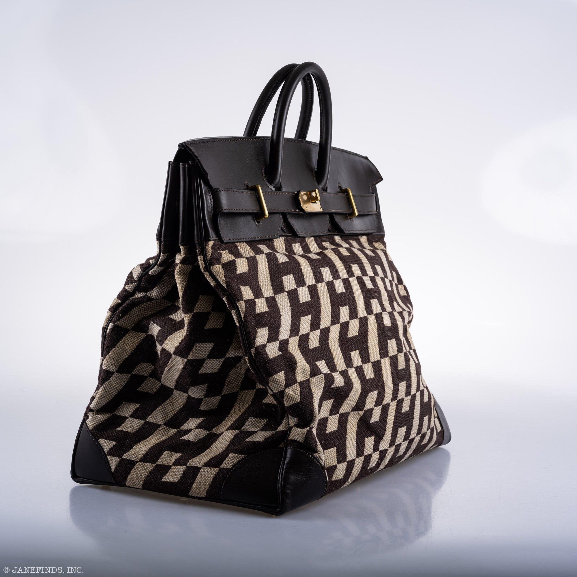 Hermès HAC Birkin 50 Ligne Ulysse Marron Fonce, Toile "H" Pattern Gilt Metal Hardware