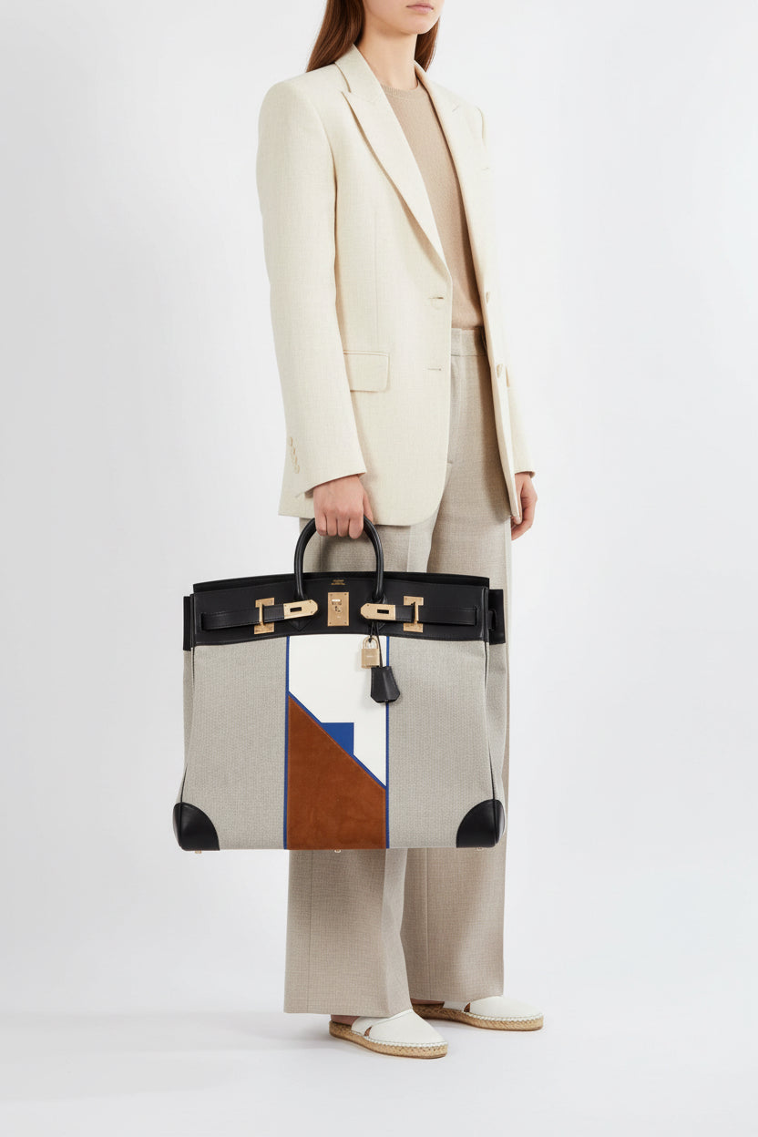 Hermès HAC Birkin 50 Toile Suede and Swift Brushed Gold Hardware Runway