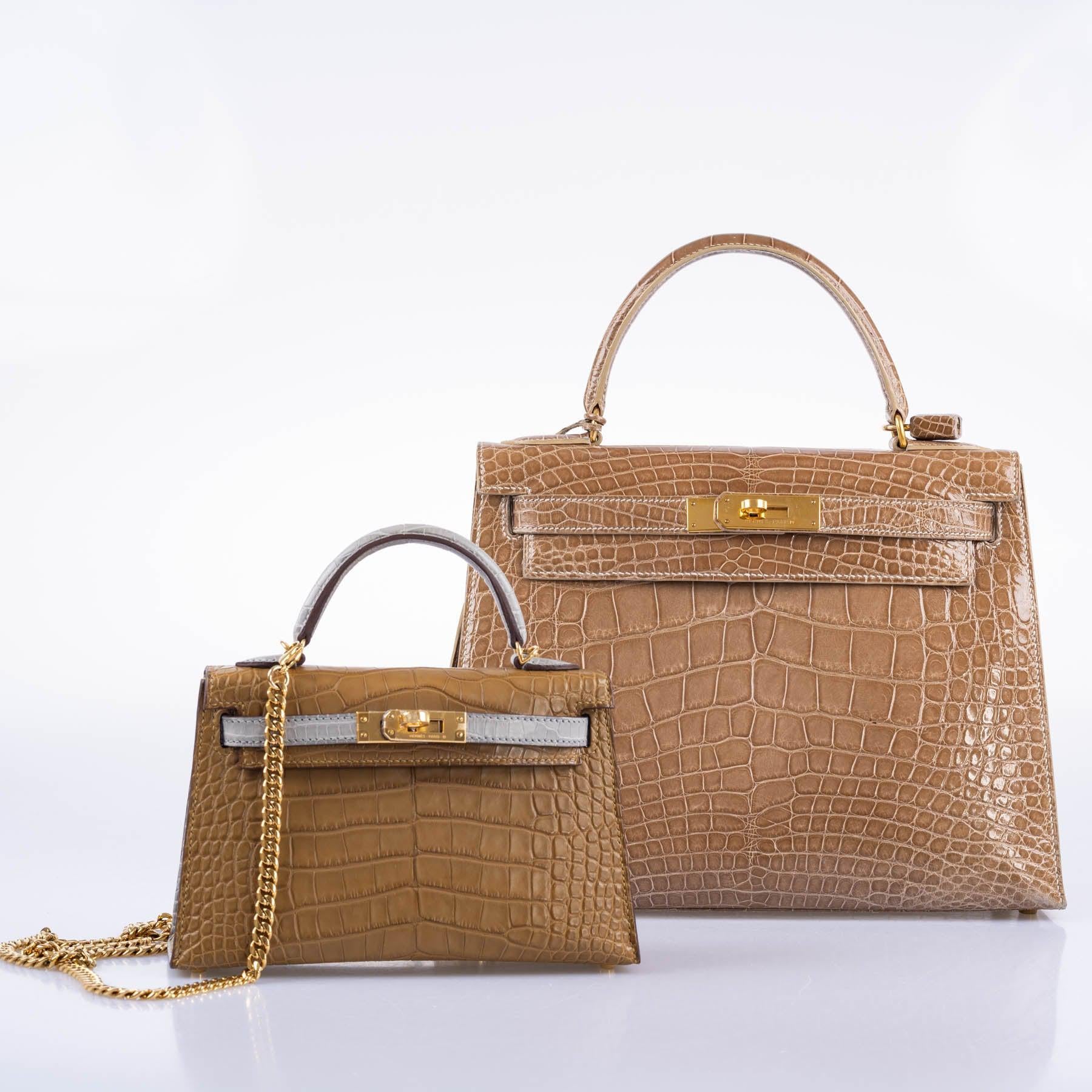 Hermès HSS Kelly 20 Mini II Sellier Kraft and Gris Perle Matte Alligator with Gold Hardware