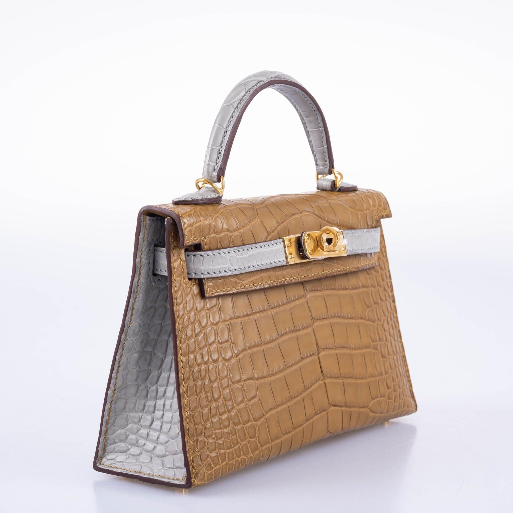 Hermès HSS Kelly 20 Mini II Sellier Kraft and Gris Perle Matte Alligator with Gold Hardware