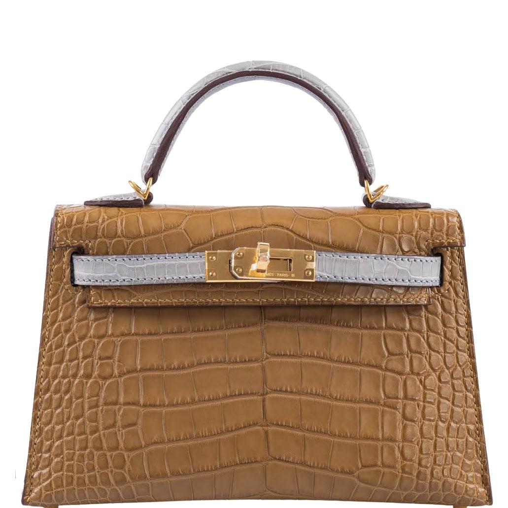 Hermès HSS Kelly 20 Mini II Sellier Kraft and Gris Perle Matte Alligator with Gold Hardware