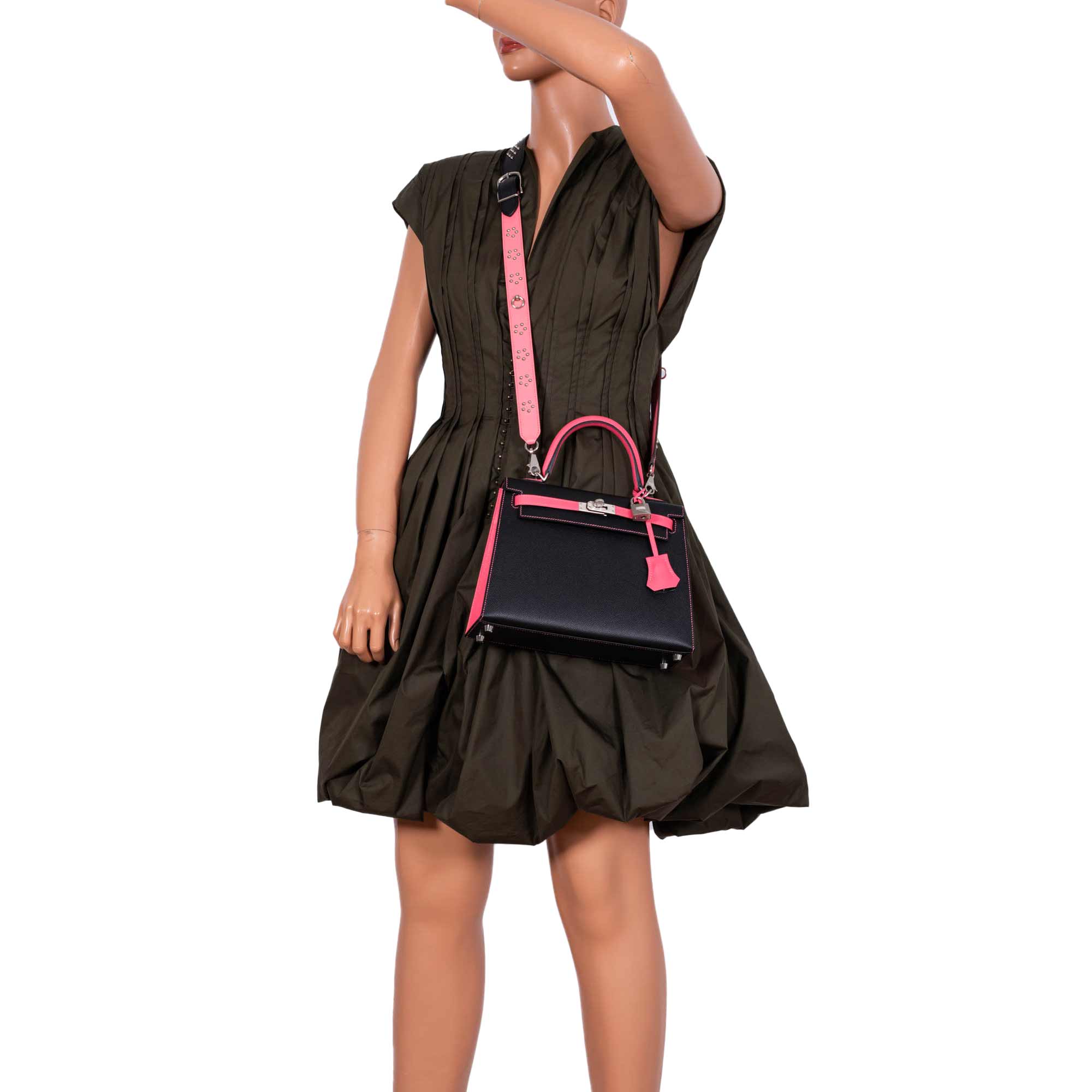 Hermès HSS Kelly 25 Sellier Rose Azalee & Black Epsom with Brushed Palladium Hardware