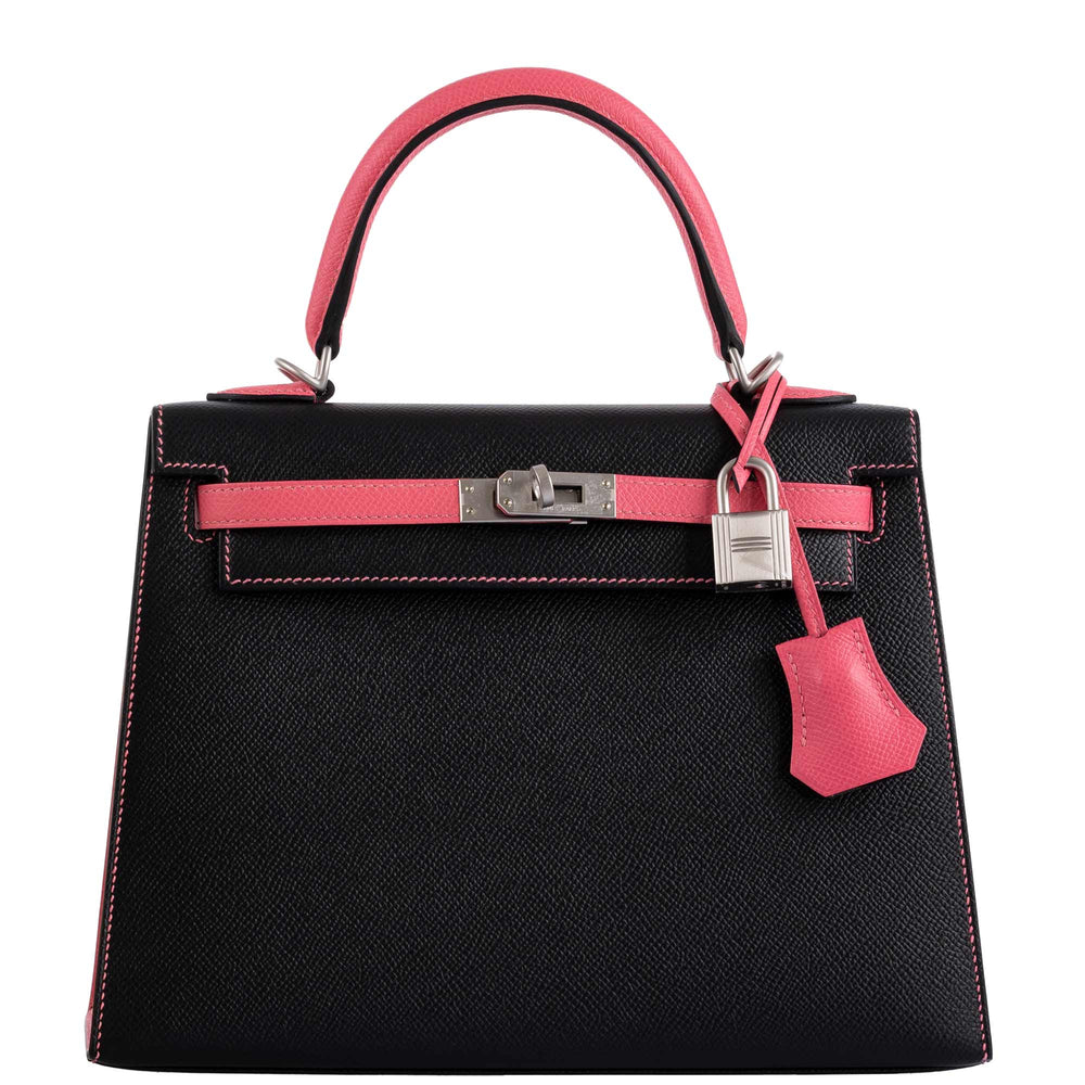 Hermès HSS Kelly 25 Sellier Rose Azalee & Black Epsom with Brushed Palladium Hardware