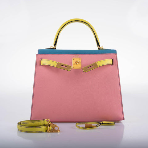 Hermès HSS Kelly 28 Sellier Tri-Color Rose Confetti, Lime & Blue Aztec Chevre with Brushed Gold Hardware - 2019, D