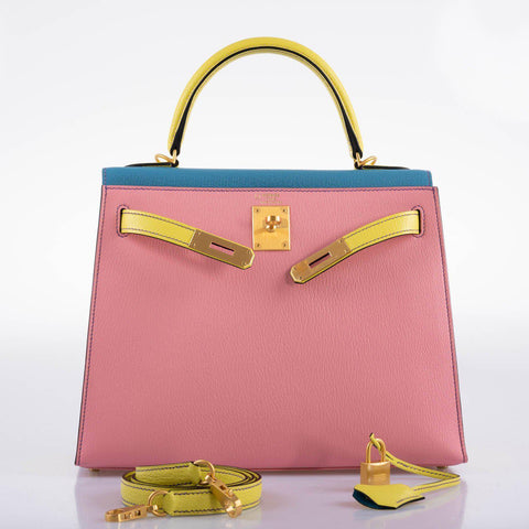 Hermès HSS Kelly 28 Sellier Tri-Color Rose Confetti, Lime & Blue Aztec Chevre with Brushed Gold Hardware - 2019, D