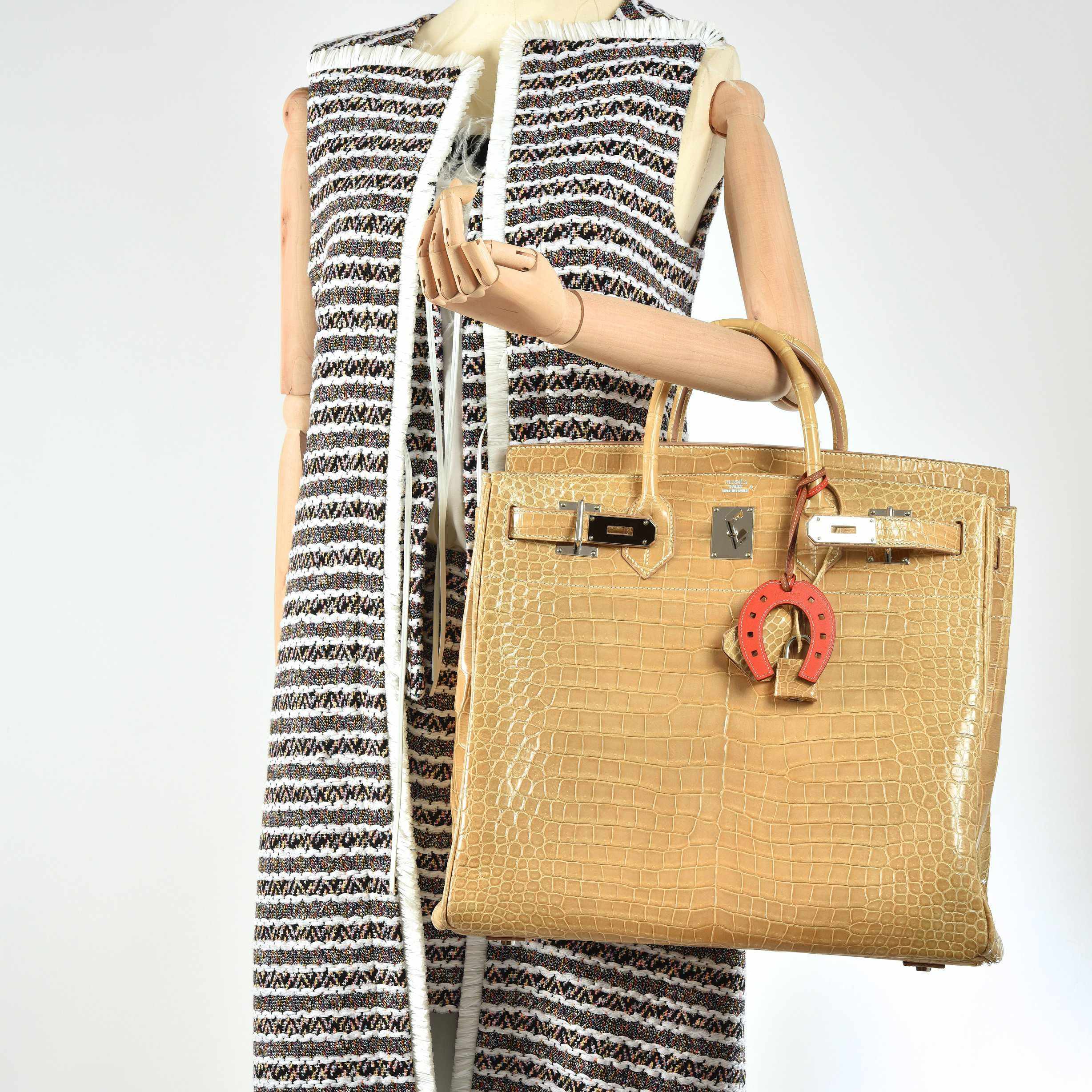 Hermès Haut à Courroies (HAC) 40 Poussière Shiny Porosus Crocodile Palladium Hardware