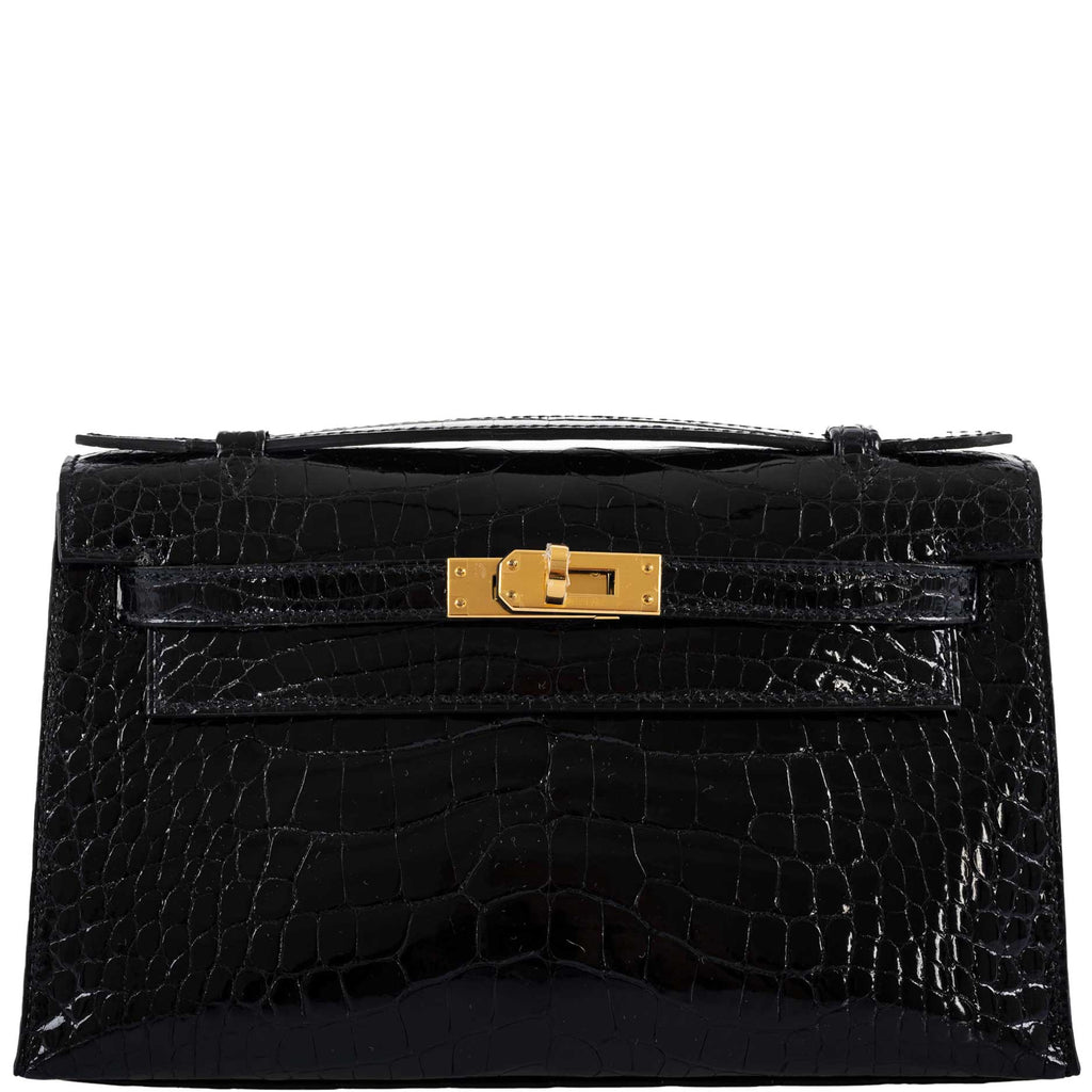 Hermes Kelly Pochette Noir Black Alligator Lisse Shiny Gold Hardware #X -  Vendome Monte Carlo
