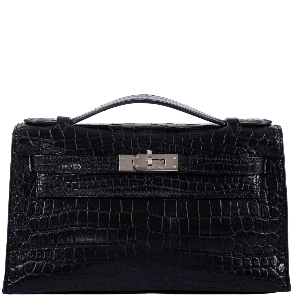 Hermes Kelly Pochette Bag Matte Black Crocodile Clutch Palladium