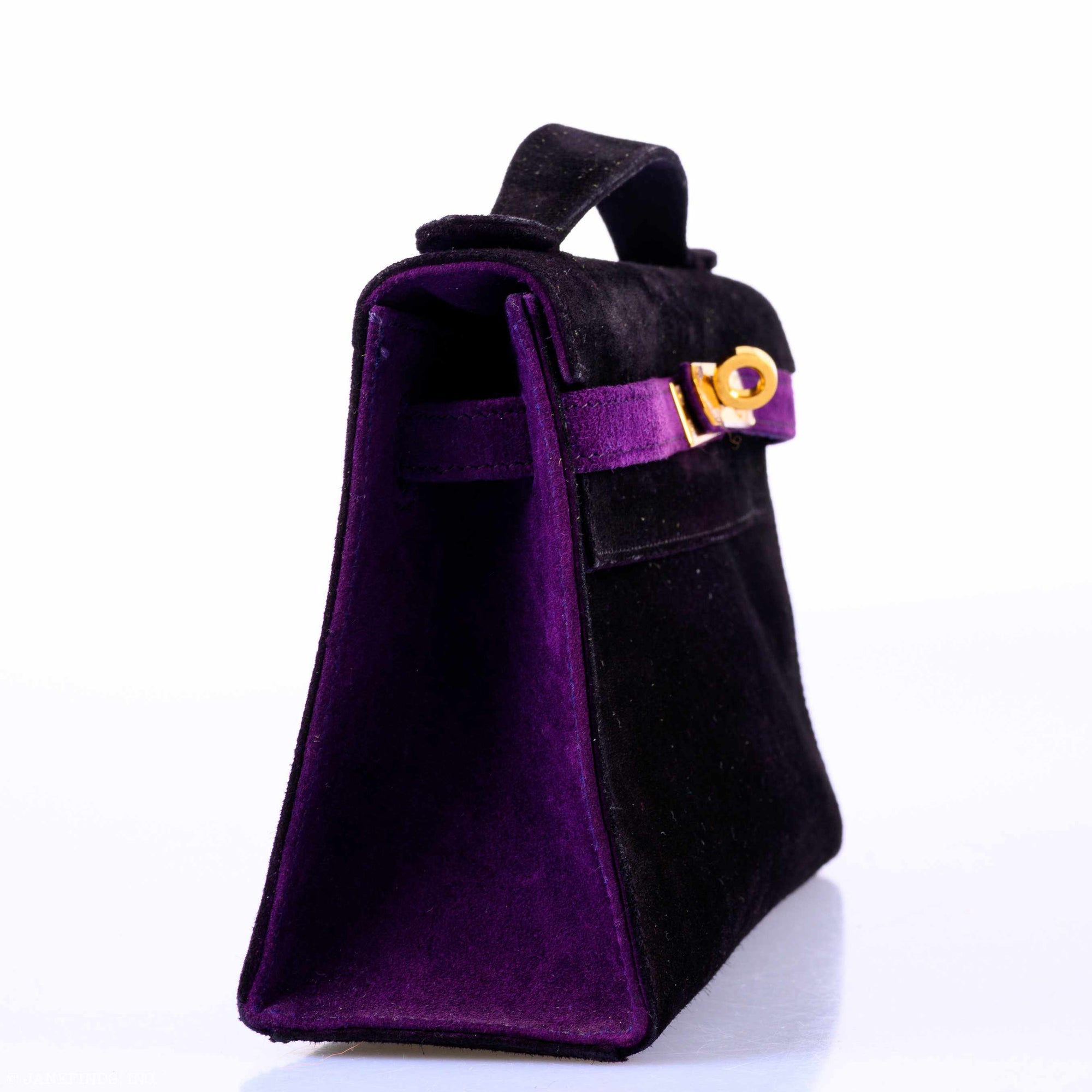 Hermès Kelly Pochette Bicolor Noir / Violet Veau Doblis Gold Hardware