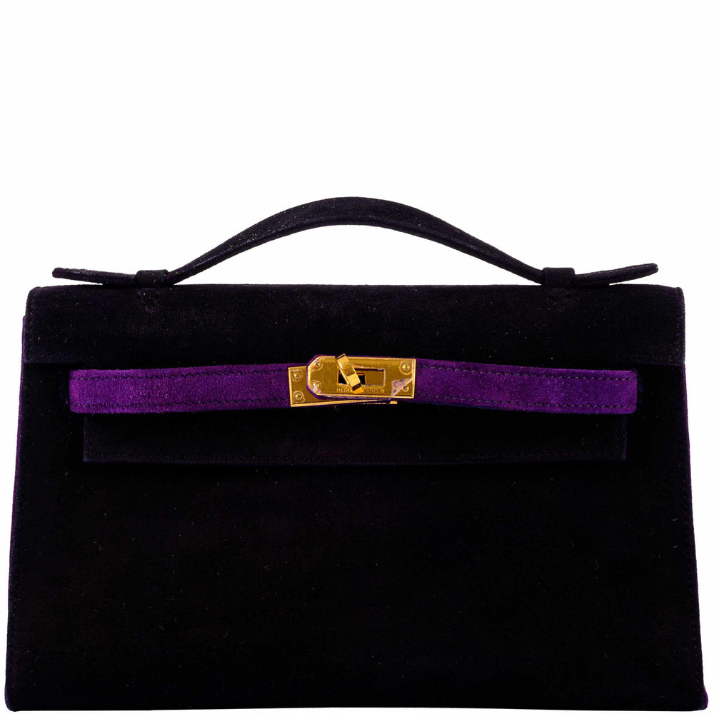 Hermès Kelly Pochette Bicolor Noir / Violet Veau Doblis Gold Hardware