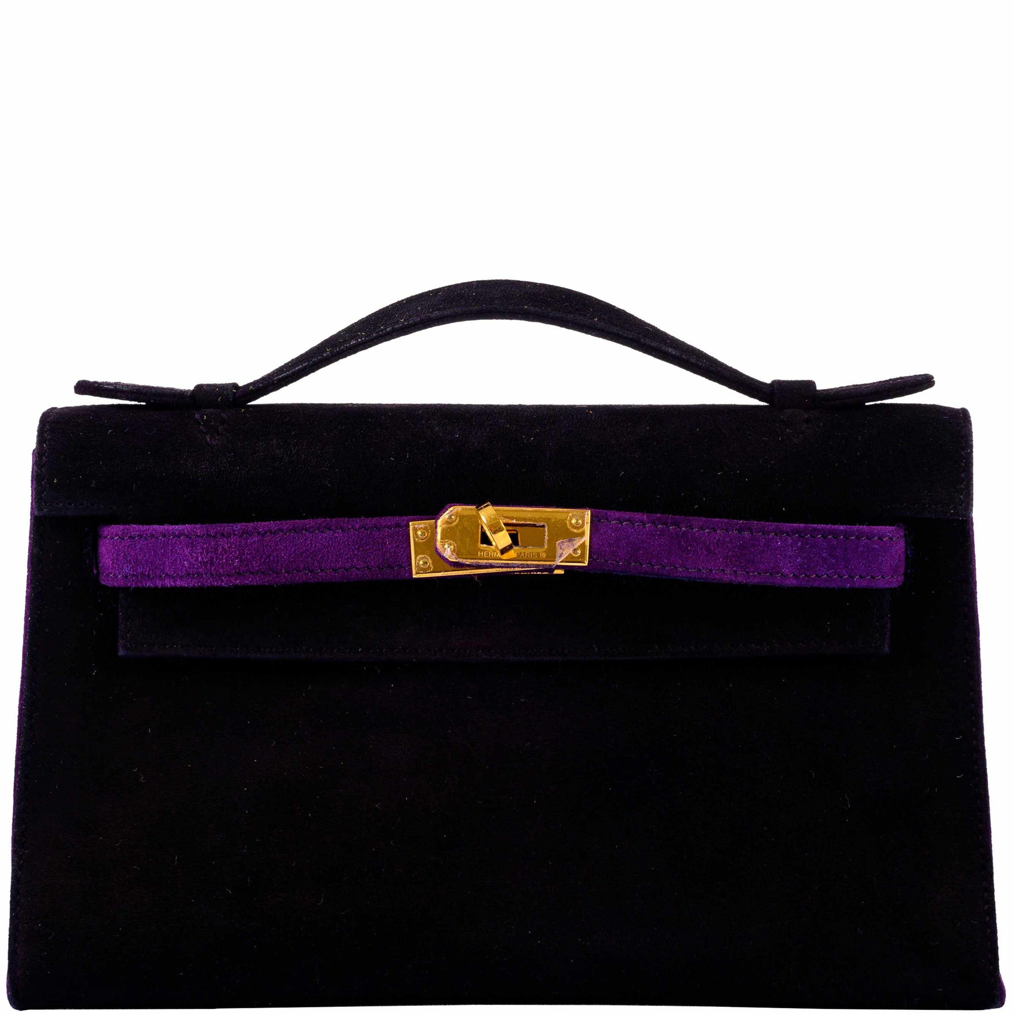 Hermès Kelly Pochette Bicolor Noir / Violet Veau Doblis Gold Hardware