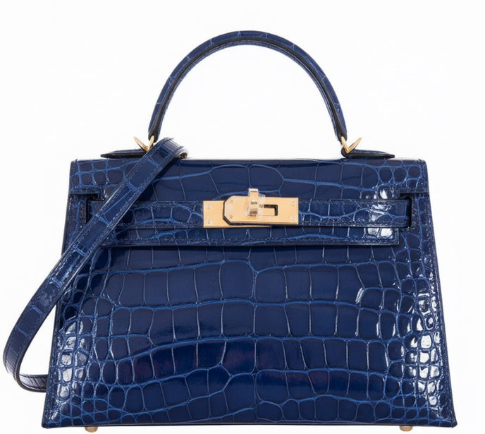 Hermès Kelly 20 Bleu Saphir Crocodile Gold Hardware | JANEFINDS